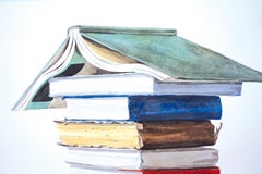 "Tall Stack" Contemporary Surrealist Still Life Painting of Books