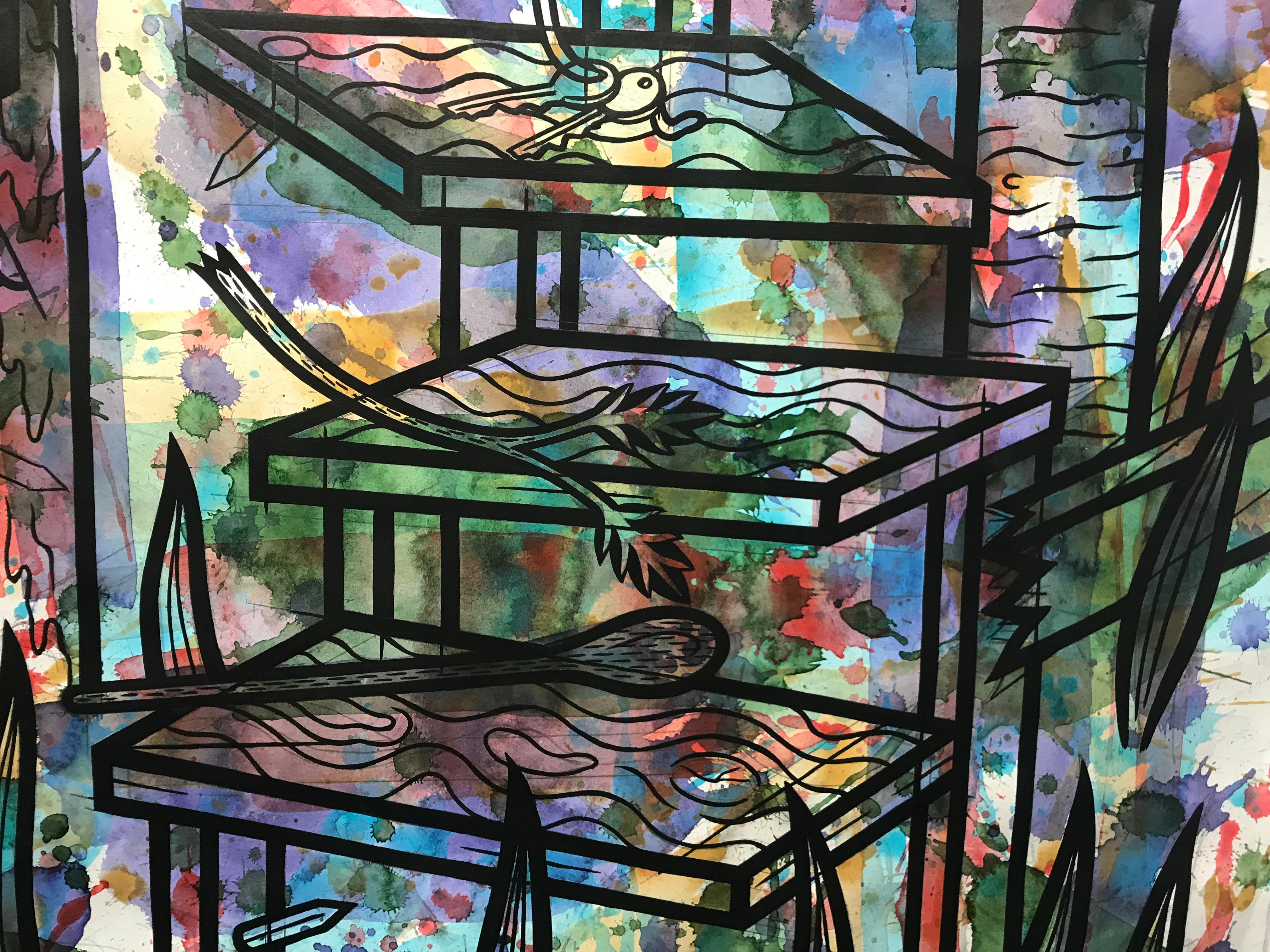 Encre et aquarelle sur papier « Entrance » - Peinture abstraite et figurative - Noir Abstract Painting par Jesse Lambert