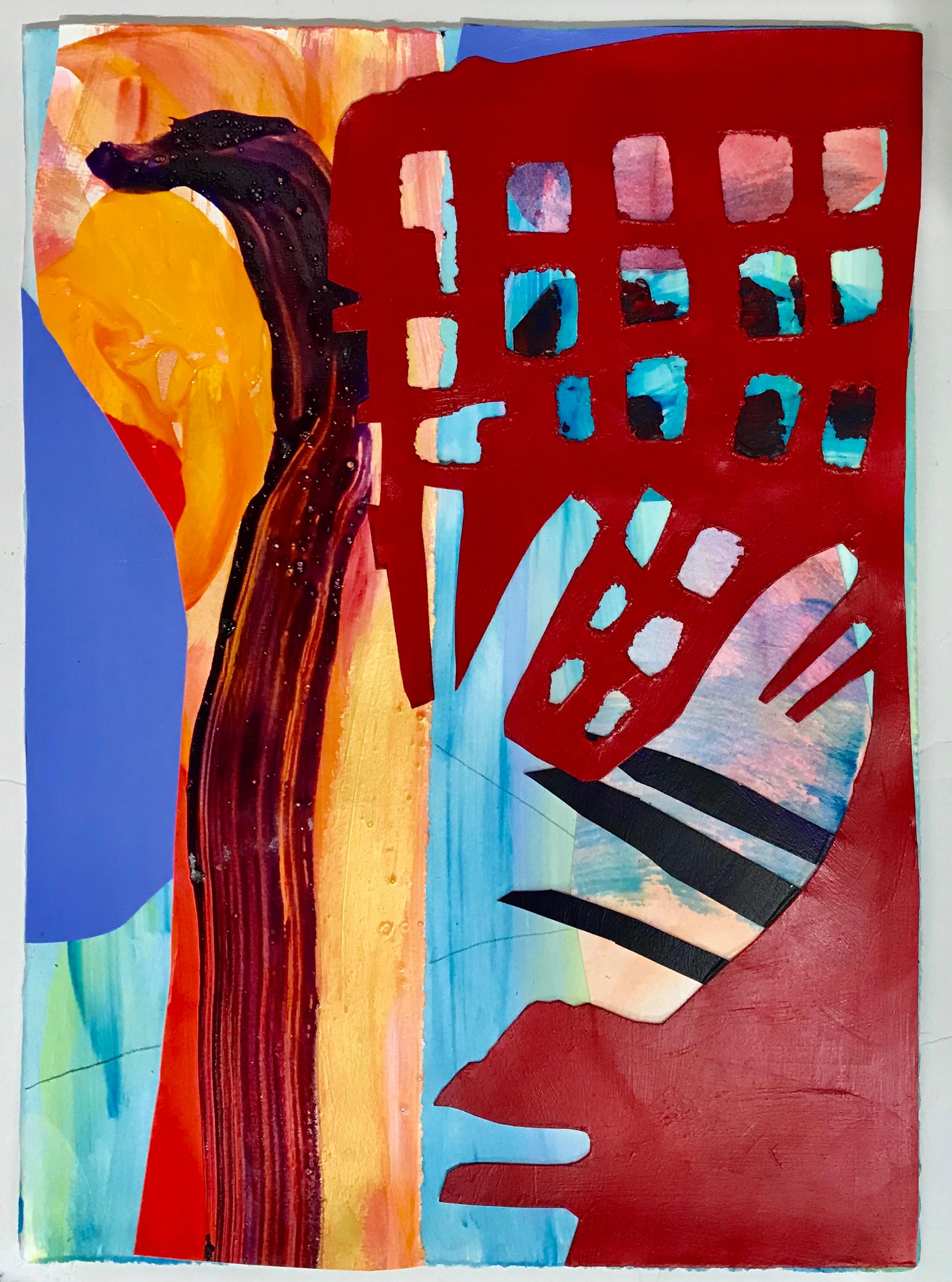 Collage, acrylic and graphite on paper.  This abstract collage by the New York/ Hawaiian artist, Debra Drexler, incorporates cut paper, drawing and impasto brushwork with poured paint to give an active composition.

Debra Drexler maintains studios