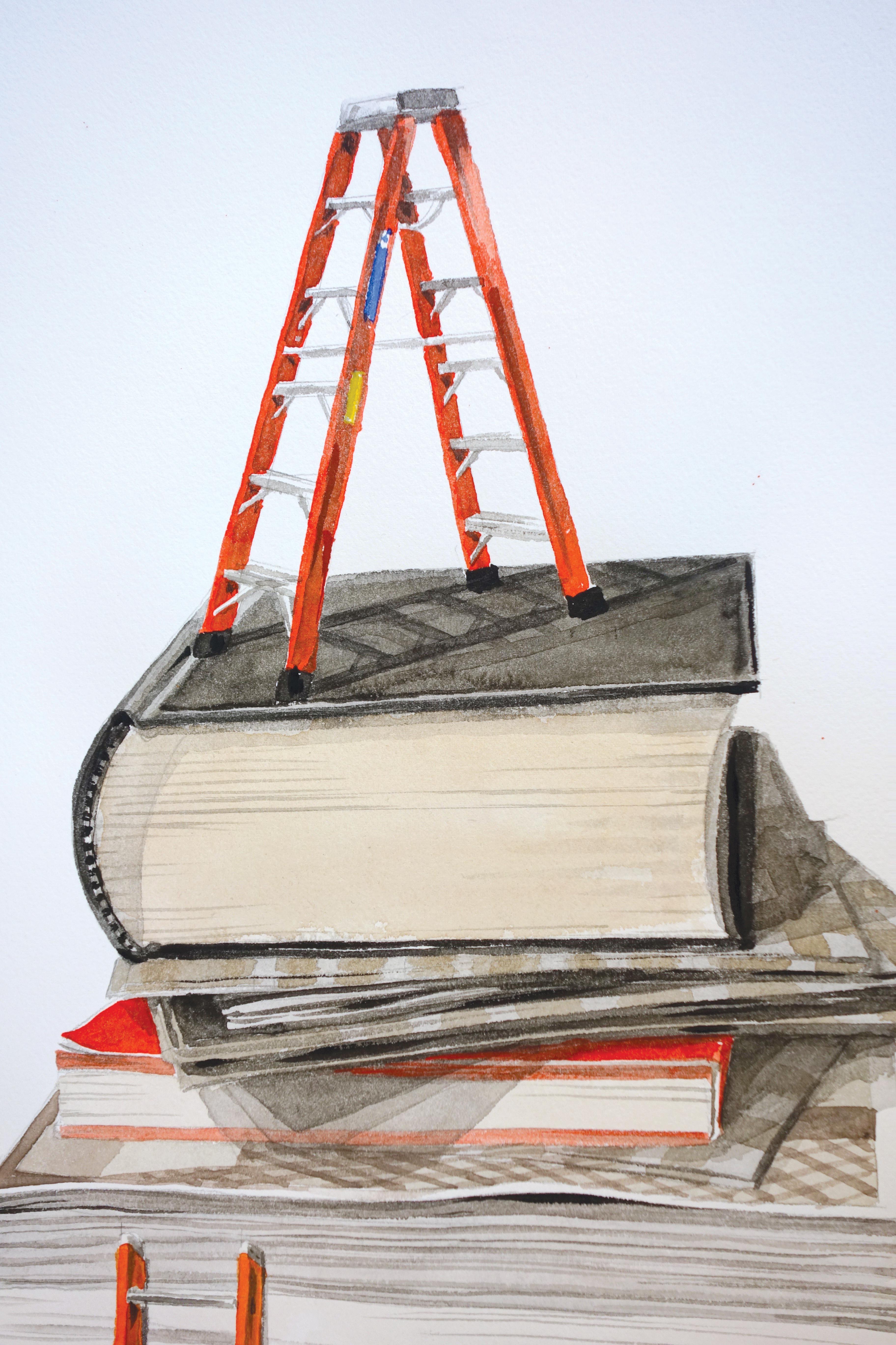 Surrealistisches Stillleben „Beyond Reach“ aus Büchern mit Leitern – Painting von Thomas Broadbent