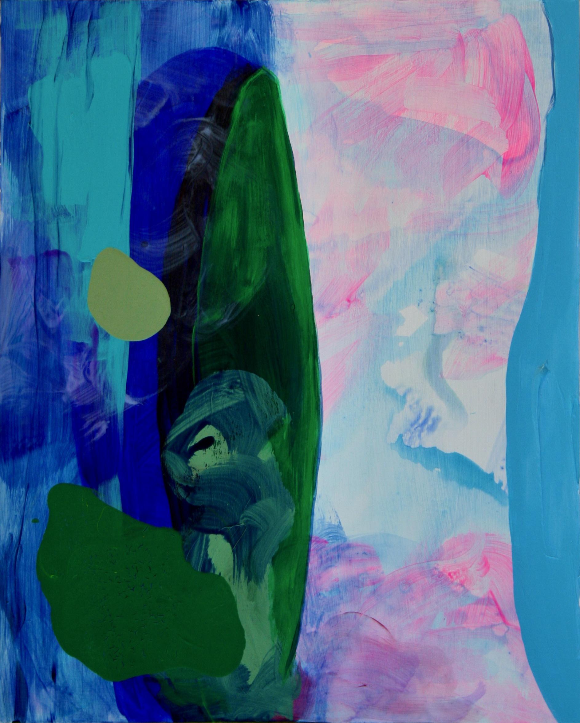 Zeitgenössisches abstraktes Gemälde, "Verdant Shield"" (mit grünem, türkisfarbenem und blauem Schild