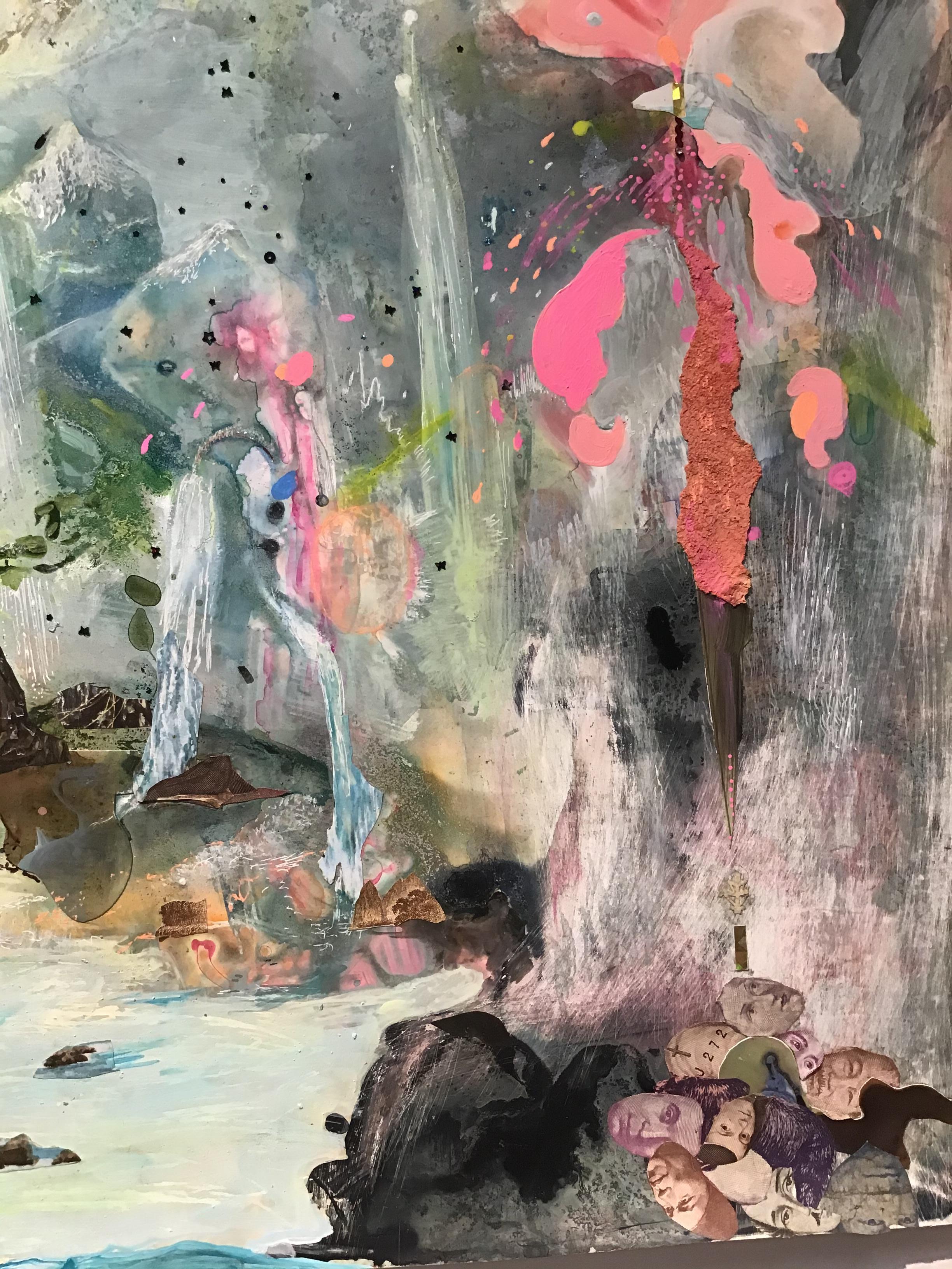 Zeitgenössische abstrakte Landschafts-Collage „Being Island“ (Grau), Landscape Painting, von Pamela Longobardi