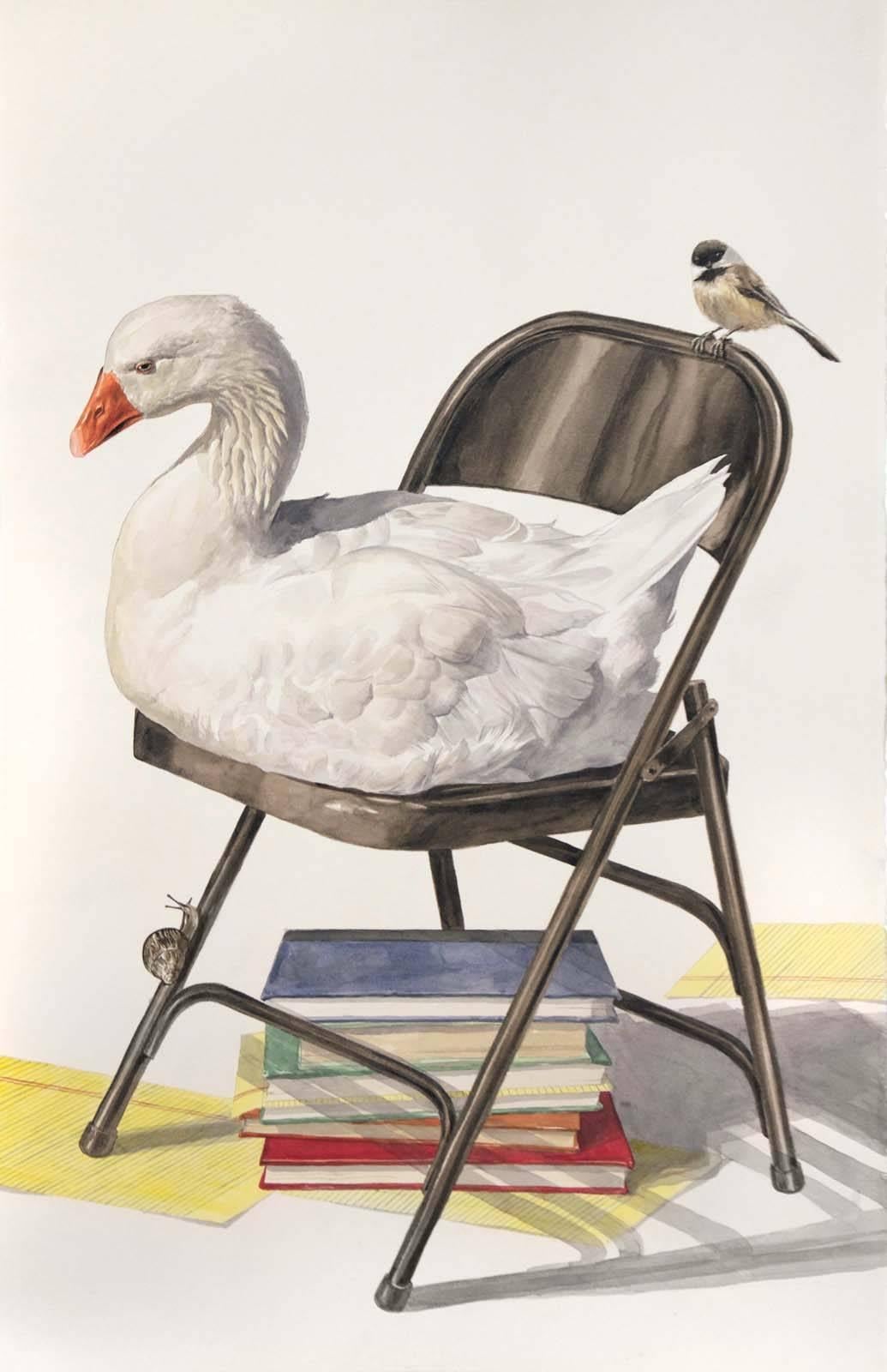 "Golden Goose" Contemporary Surrealist Watercolor, Framed
