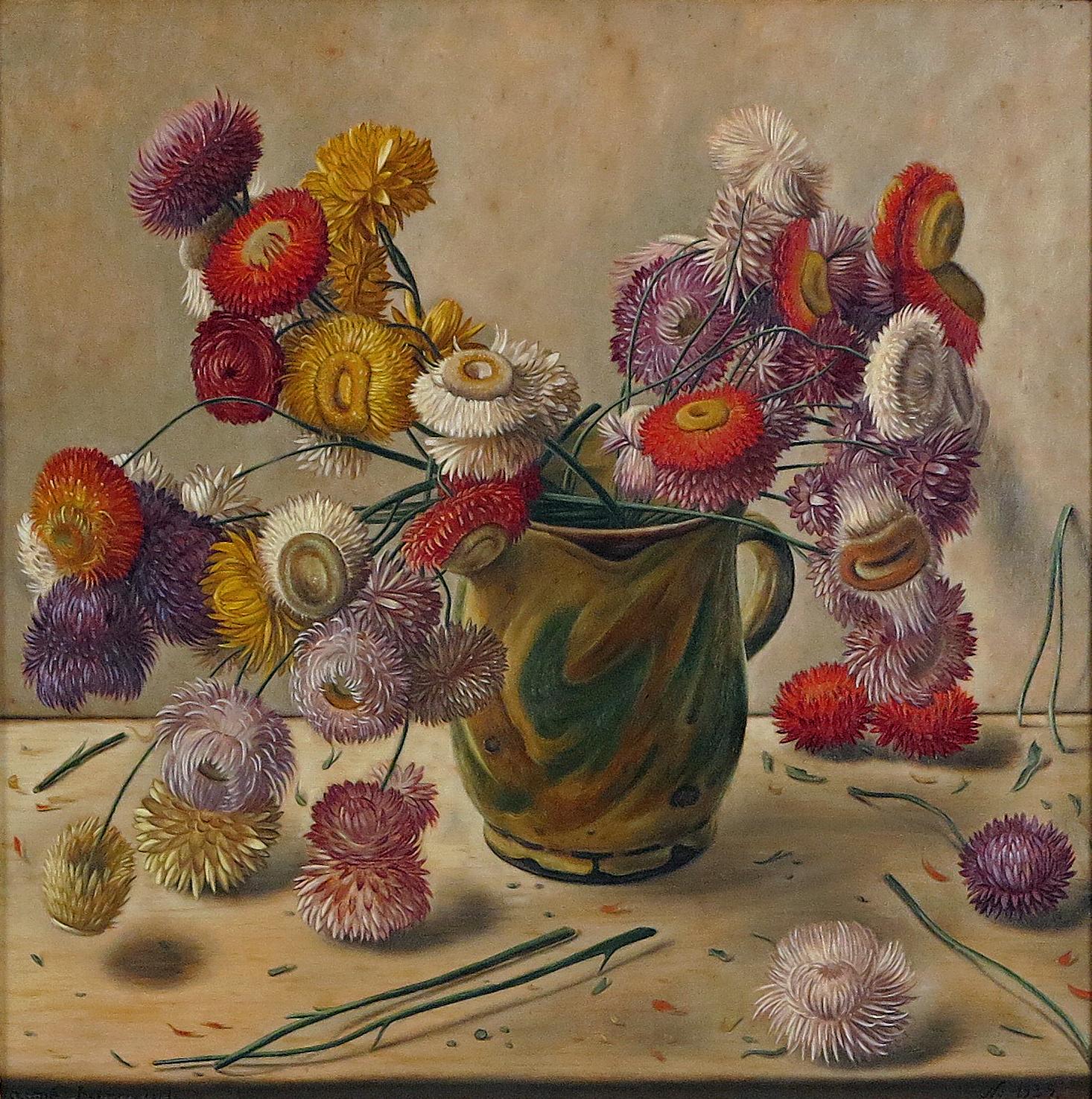 Aime Victor Barraud Still-Life Painting – Stillleben mit Blumen in Keramikkrug