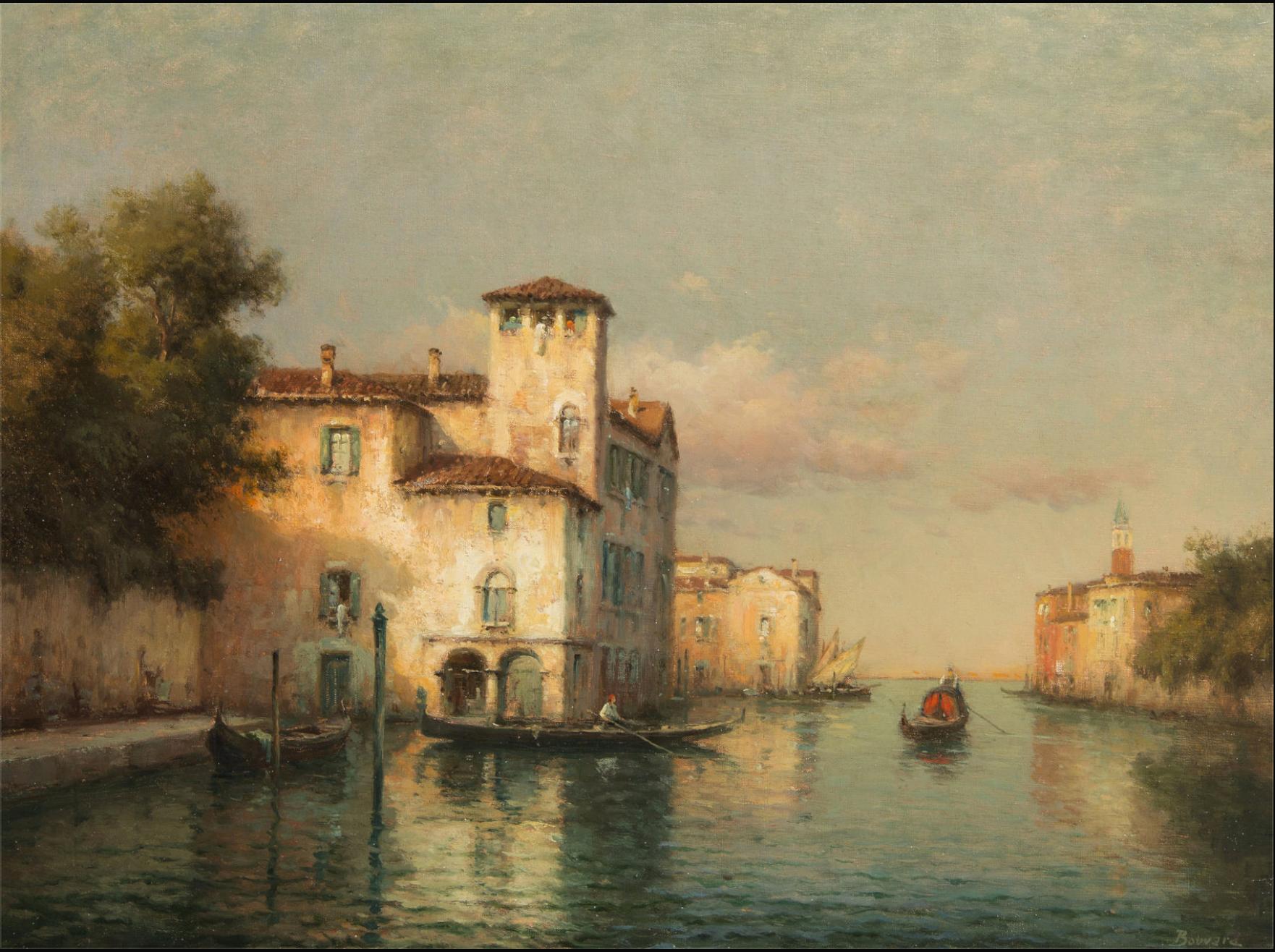 Antoine Bouvard Sr  Landscape Painting - A Venetian Canal with Gondolas