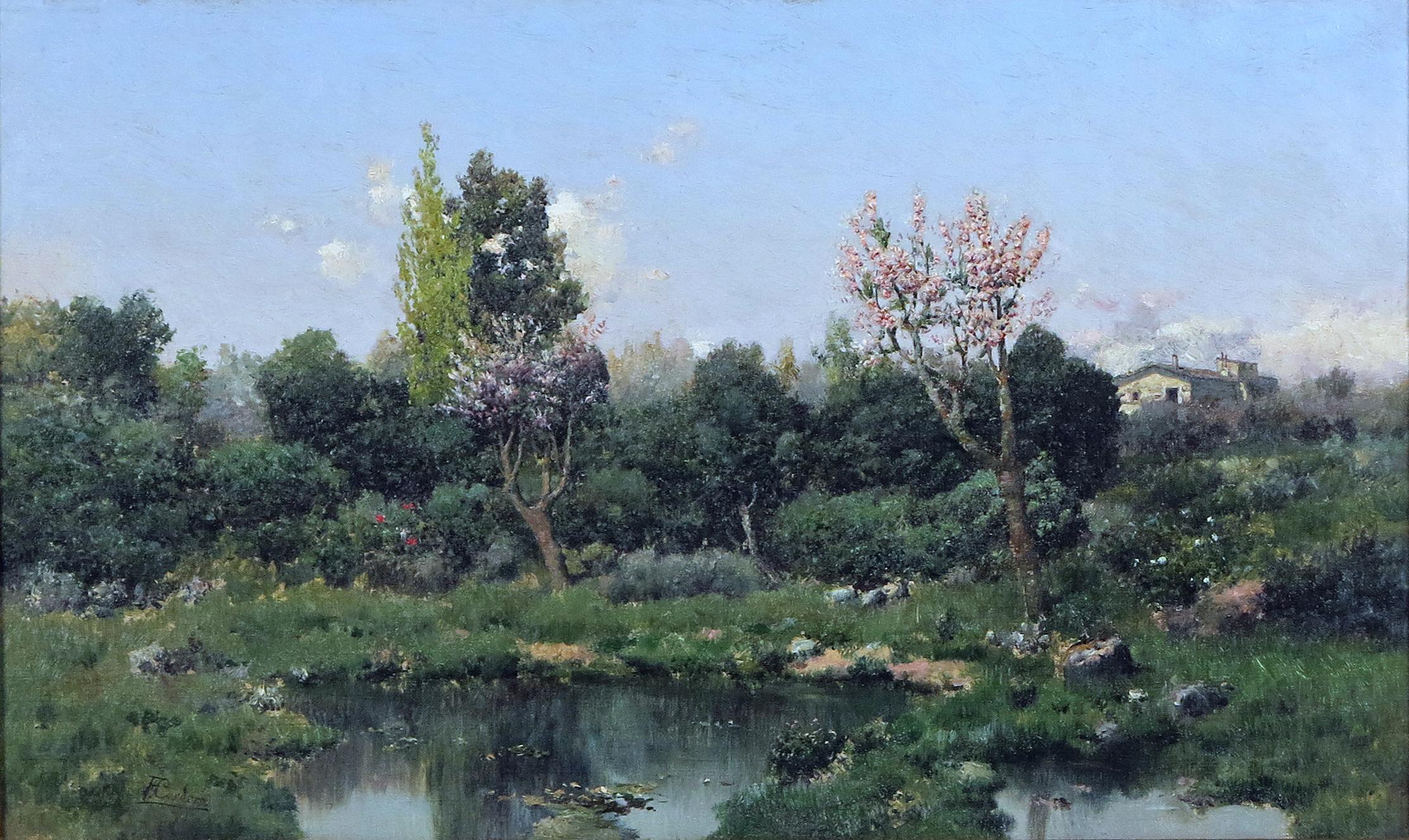 José Franco Cordero  Landscape Painting - Landscape with Flowering Trees and Pond