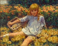 Antique Young Girl Resting in a Bed of Flowers