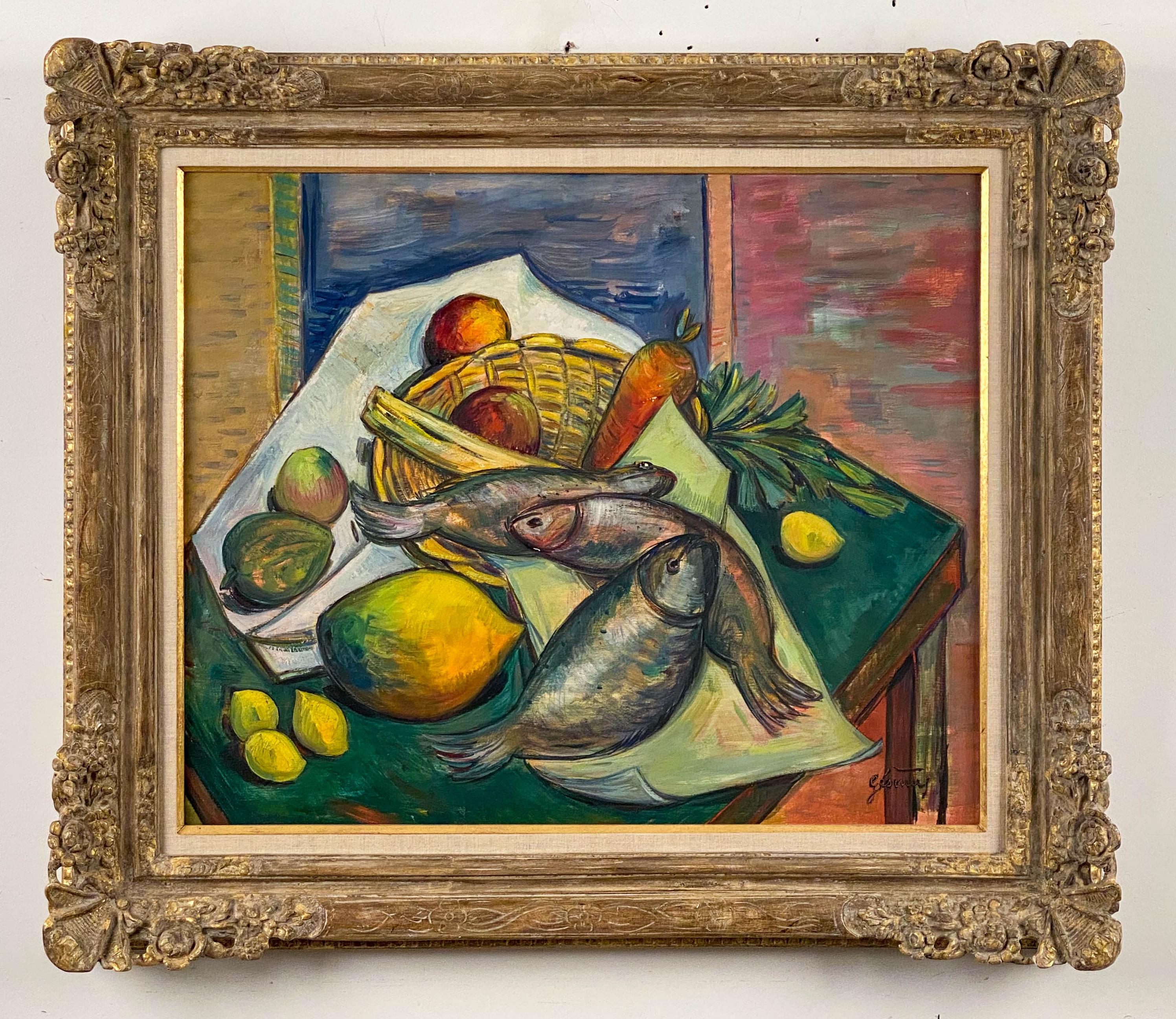 Georges Georoy Still-Life Painting – Stillleben aux Legumes et Poisson
