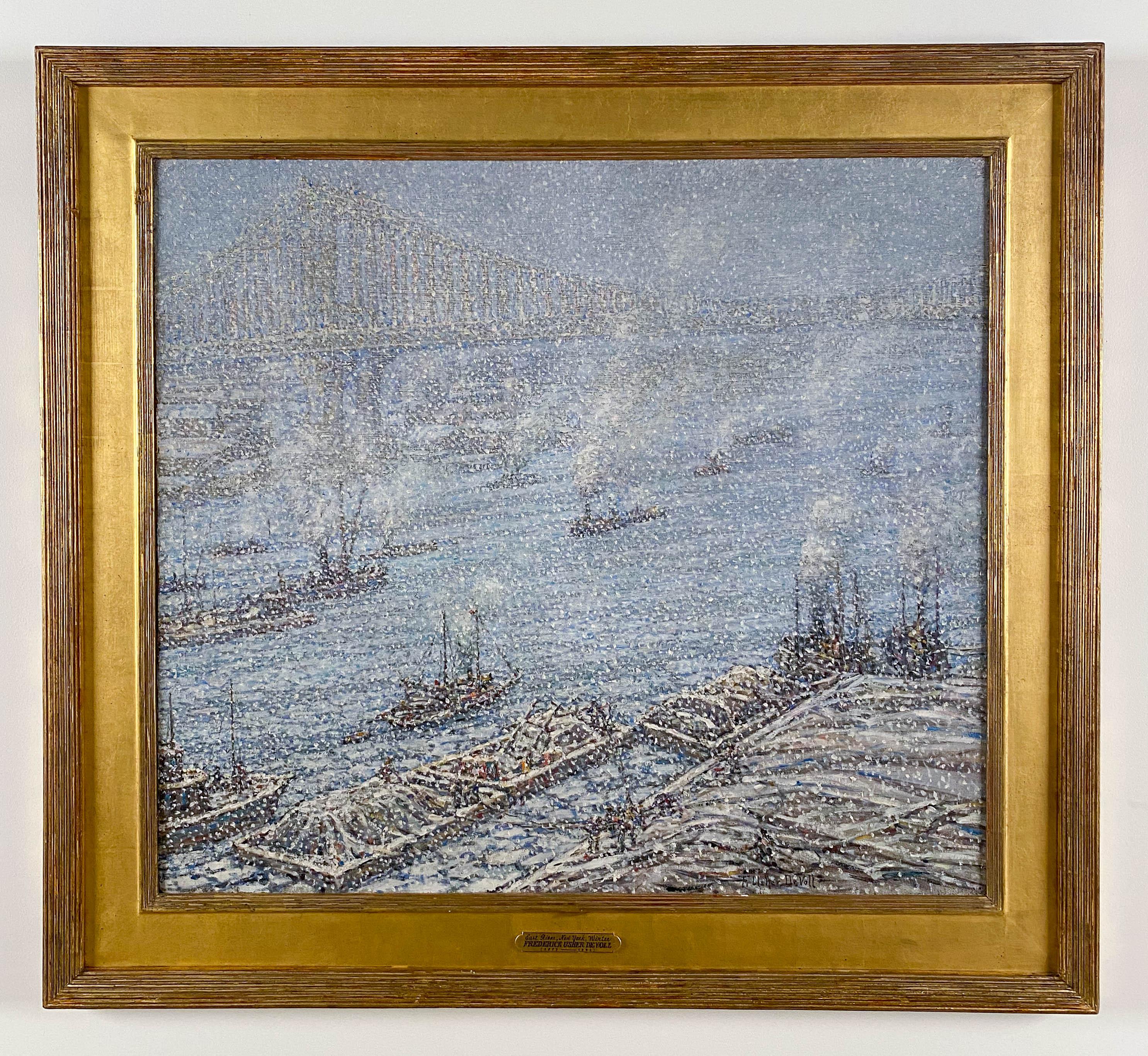 Frank Usher De Voll Landscape Painting - East River, New York Winter (From Brooklyn Bridge)