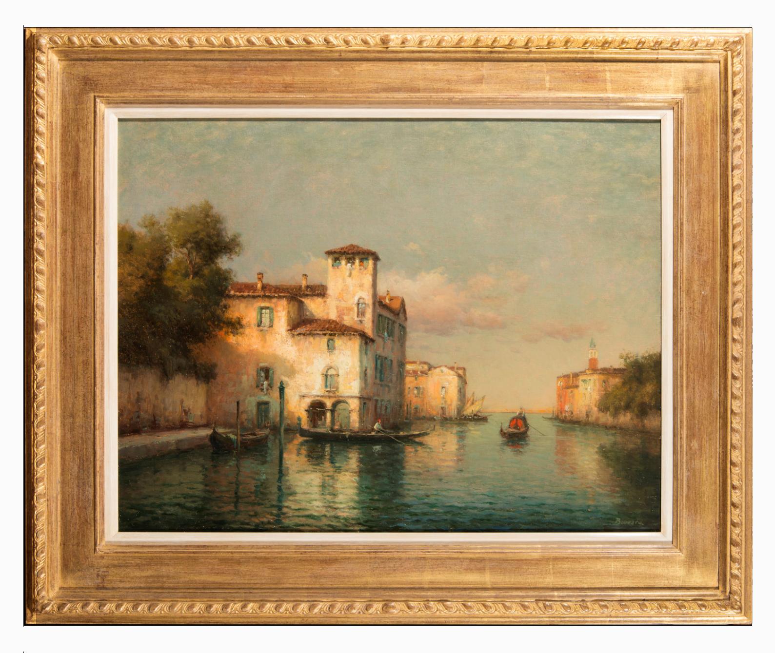 A Venetian Canal with Gondolas - Painting by Antoine Bouvard Sr 