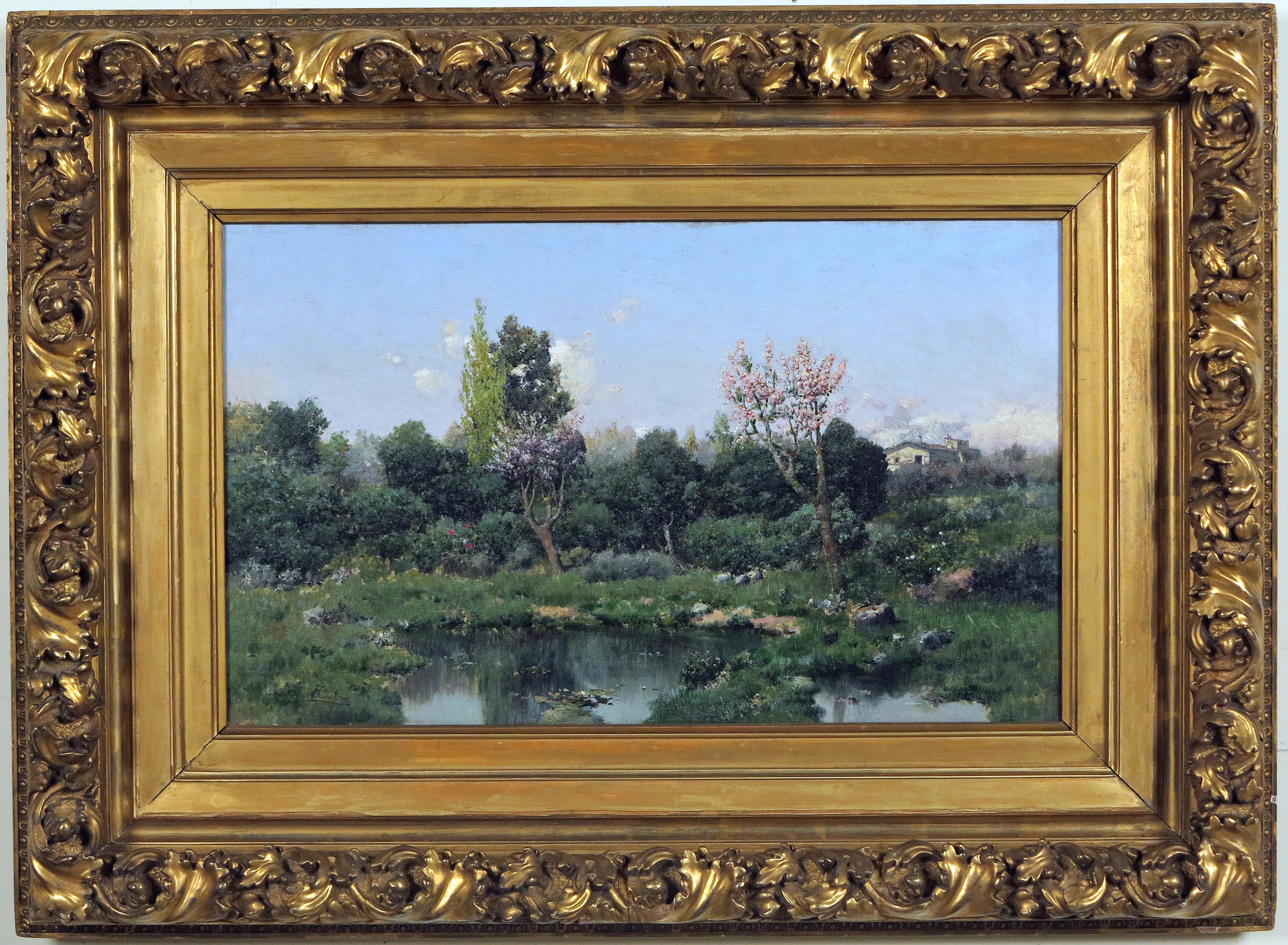 Landscape with Flowering Trees and Pond - Painting by José Franco Cordero 