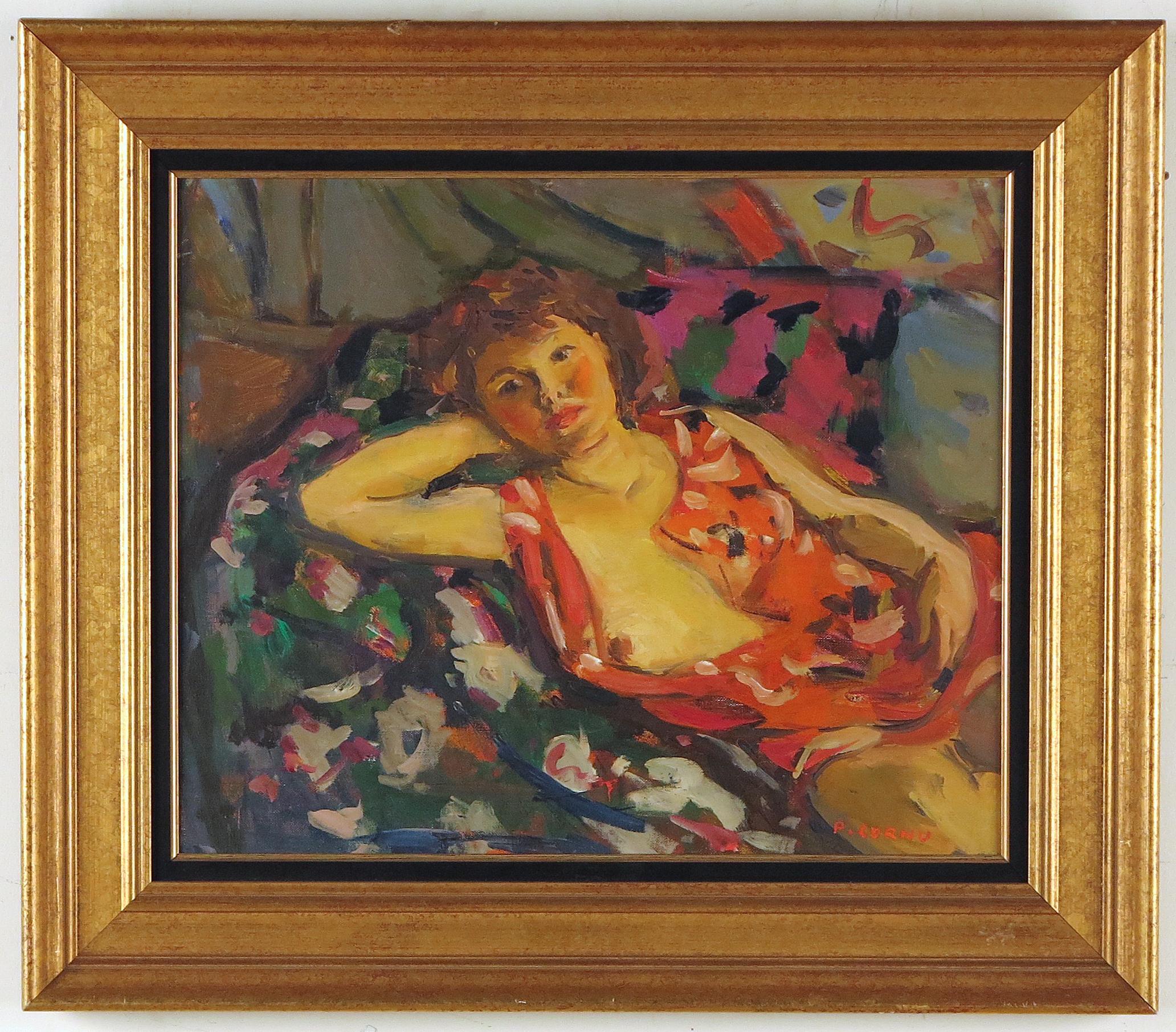 Jeune Femme Alonge – Painting von Pierre Cornu