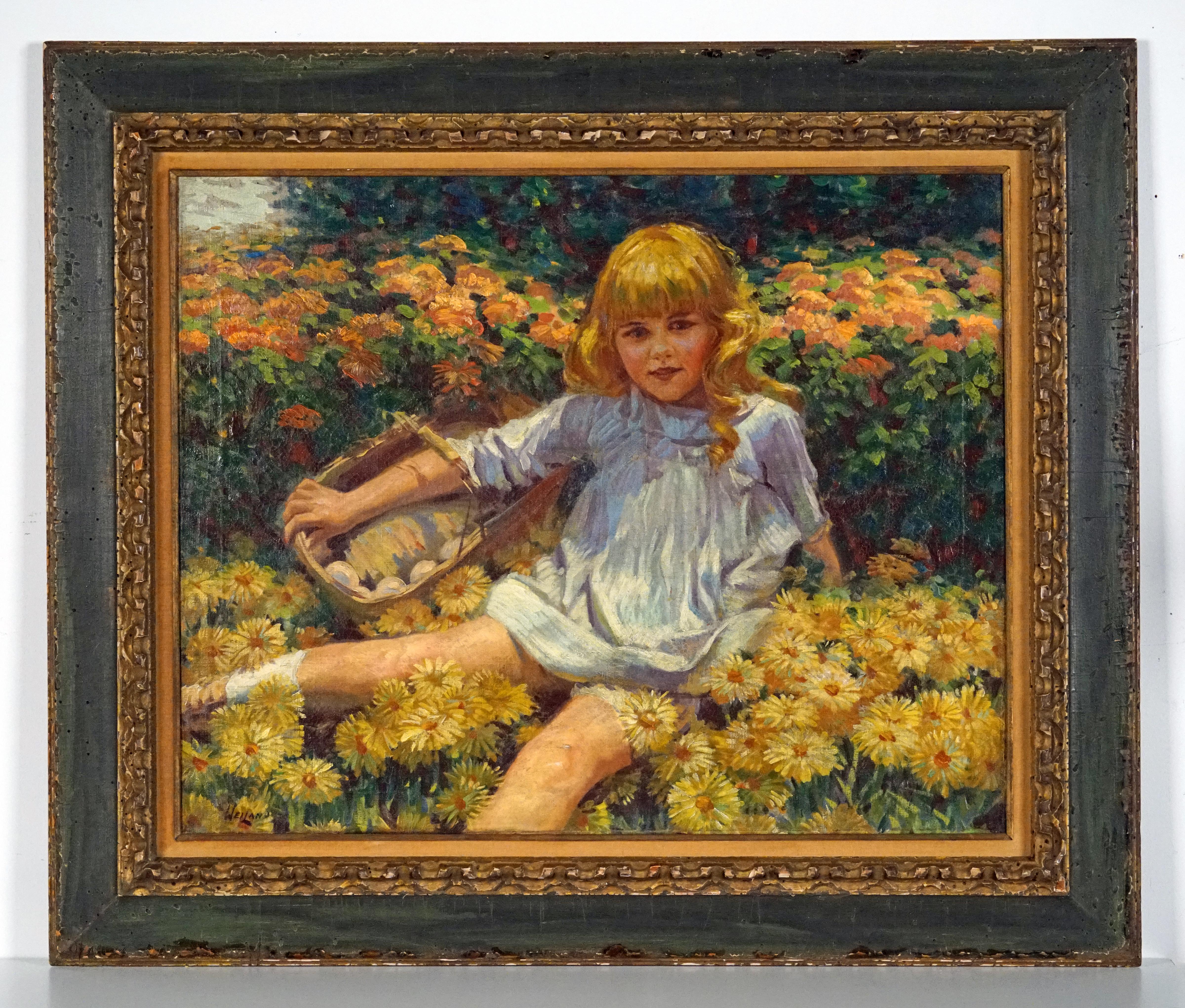 Young Girl Resting in a Bed of Flowers - Painting by James George Weiland