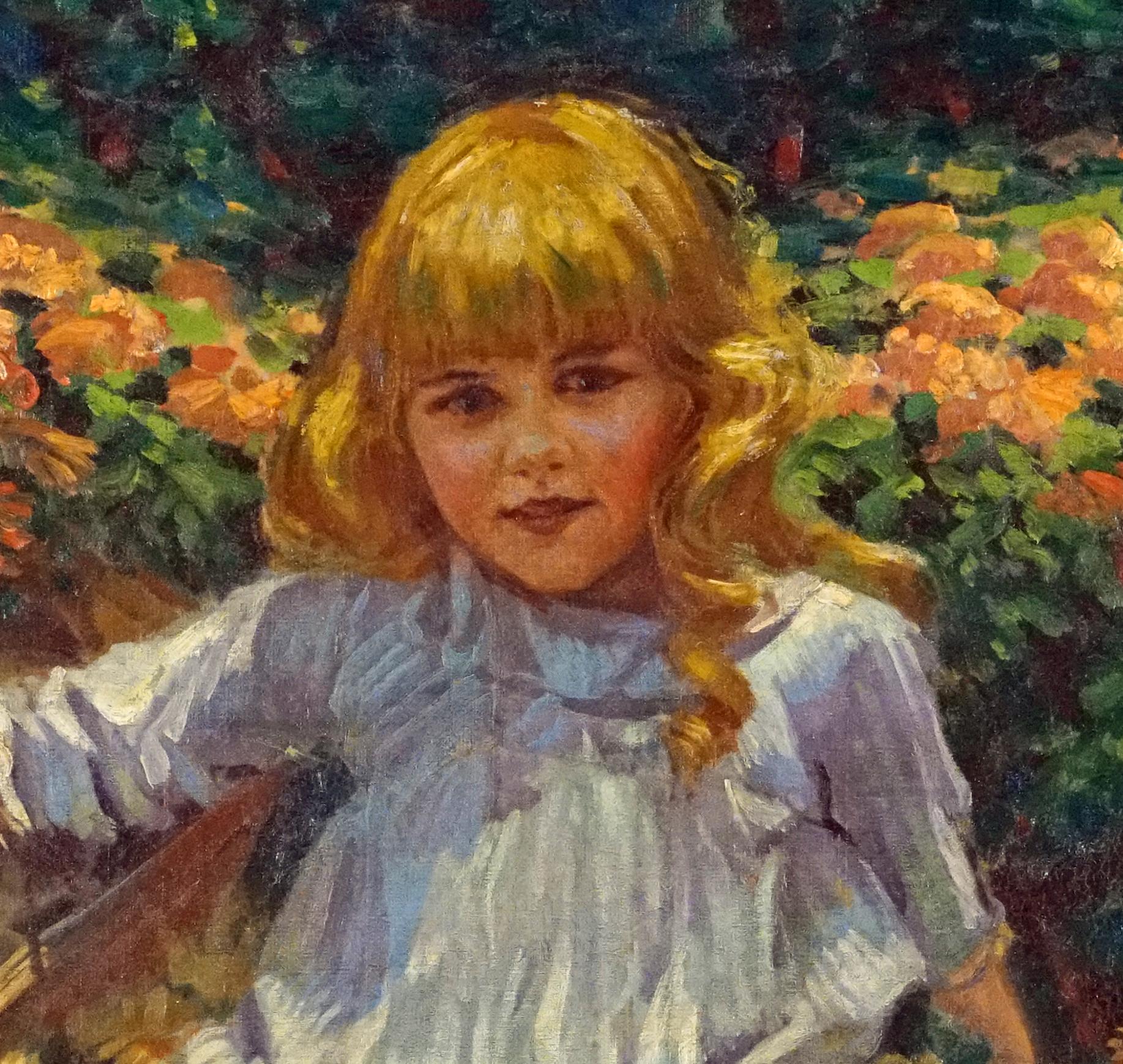 Junges Mädchen, das in einem Blumenbett ruht (Amerikanischer Impressionismus), Painting, von James George Weiland