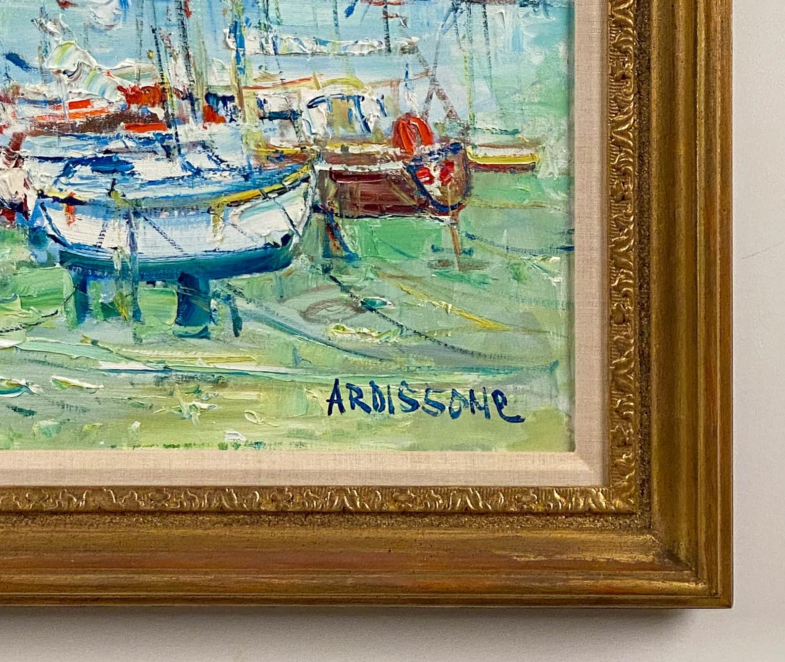 Boats in a Marina - Gray Landscape Painting by Yolande Ardissone 