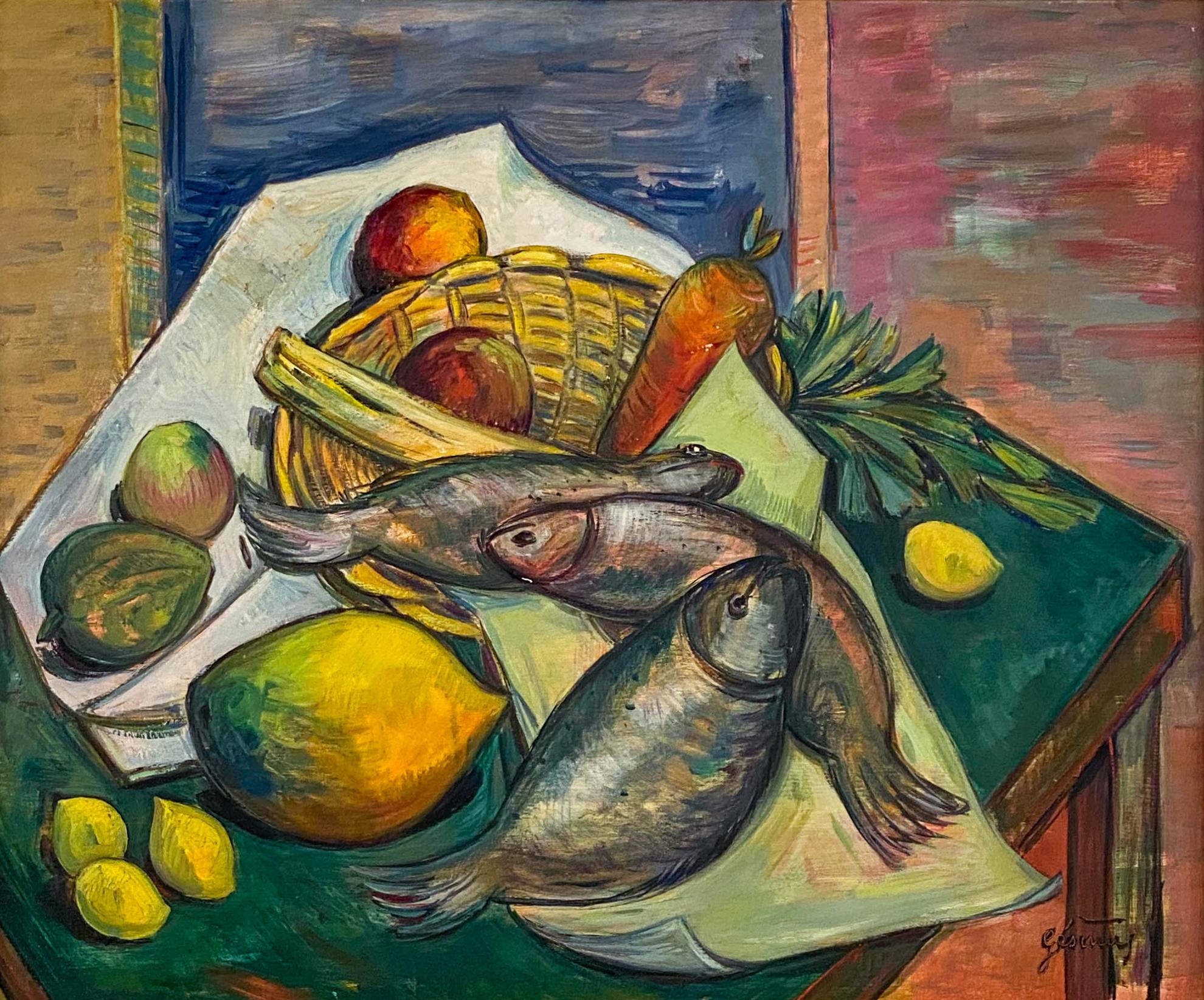 Still Life aux Legumes et Poisson - Painting by Georges Georoy