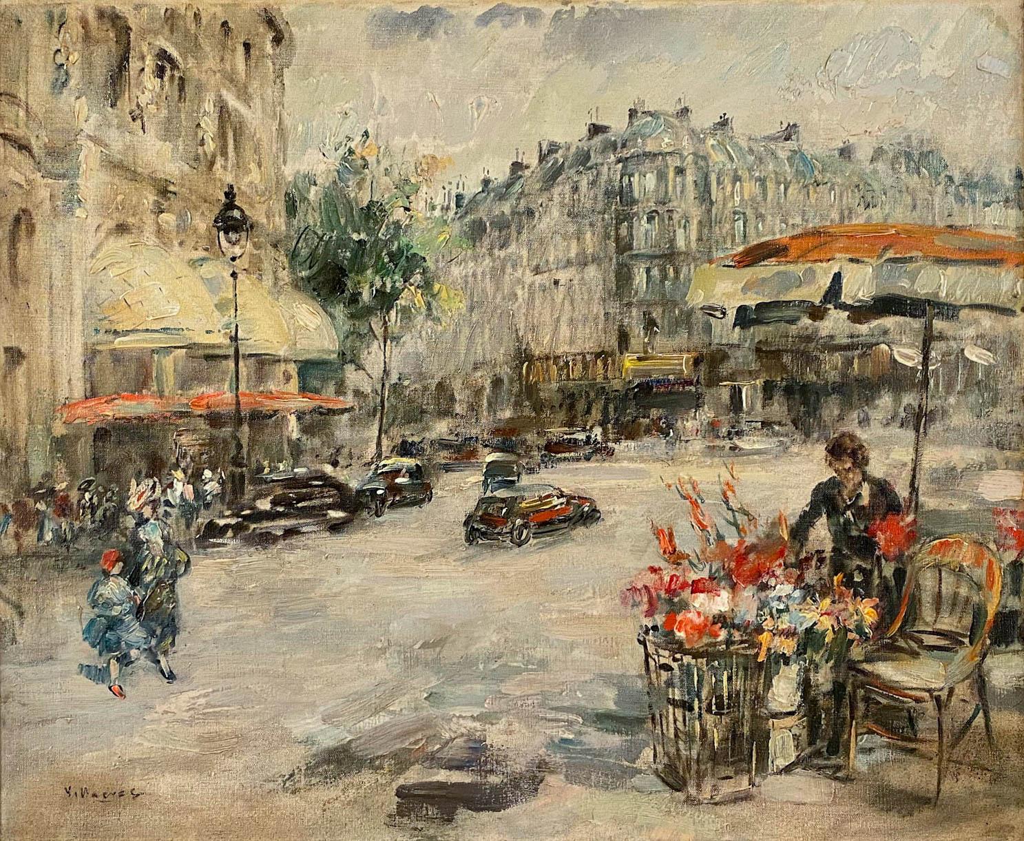 Flower Seller, Paris - Painting by Cesar Villacres 