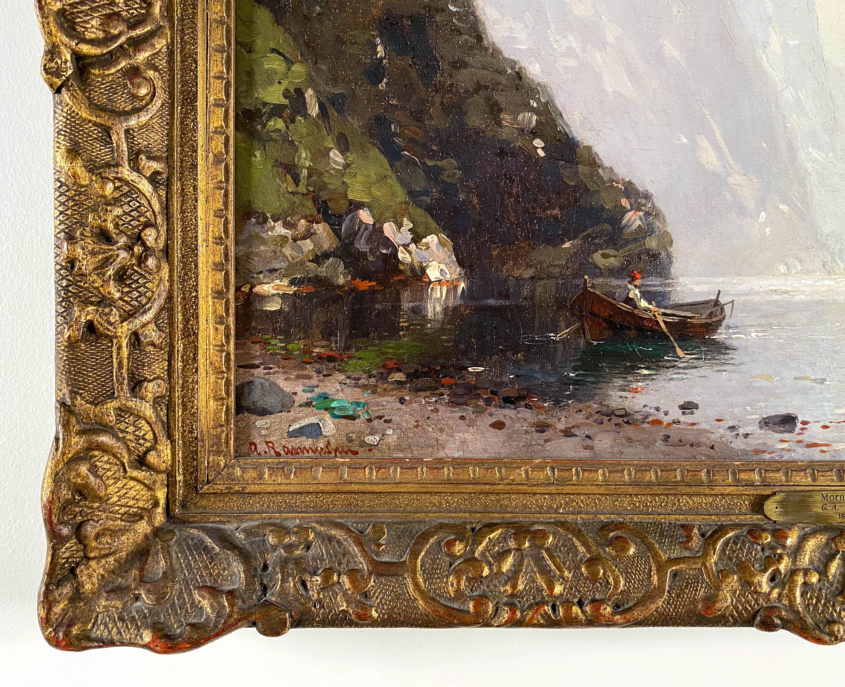 Haze auf dem Fjord: „Morning Haze“ (Beige), Landscape Painting, von George Anton Rasmussen