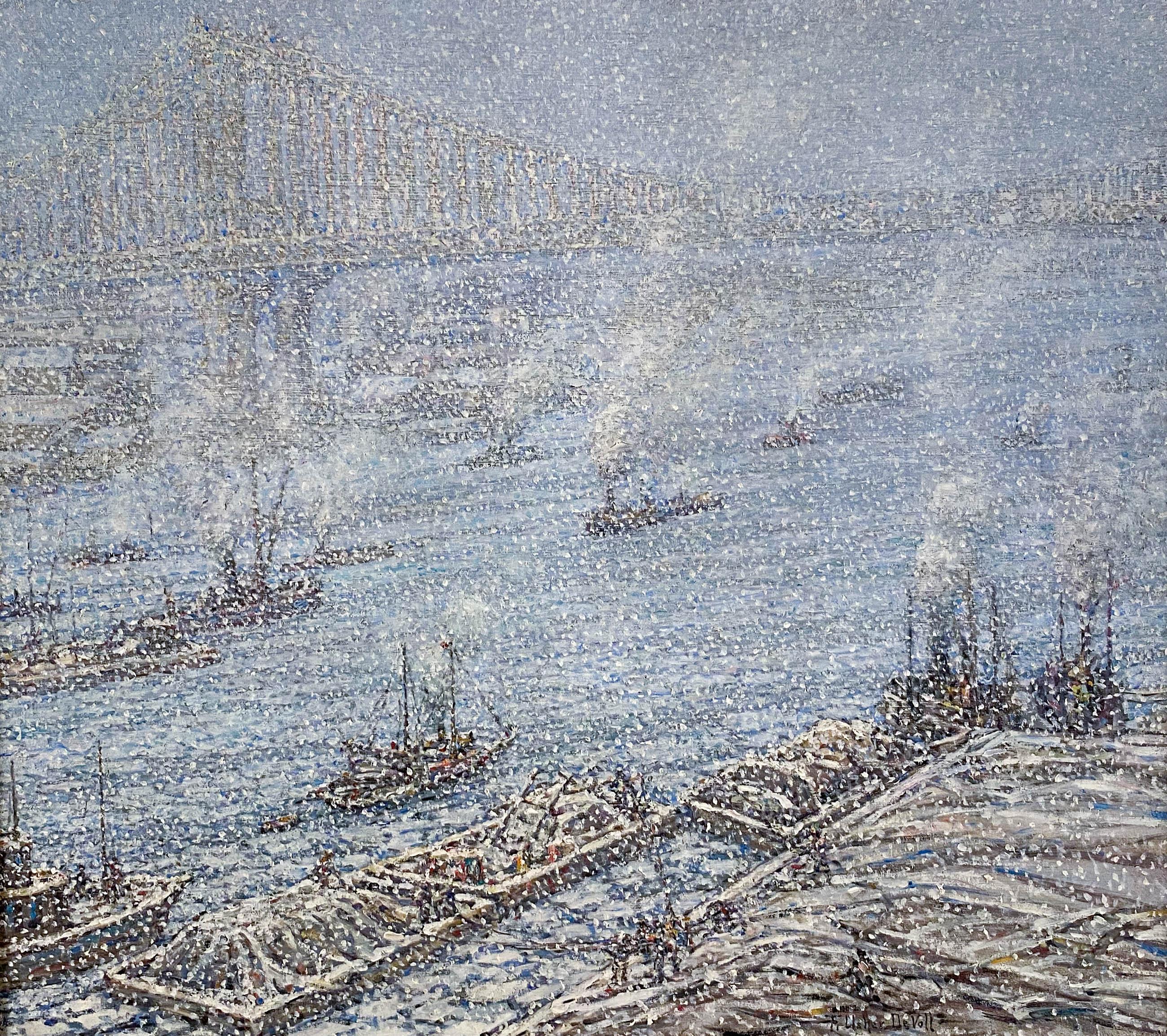 East River, New York Winter (From Brooklyn Bridge) - Painting by Frank Usher De Voll