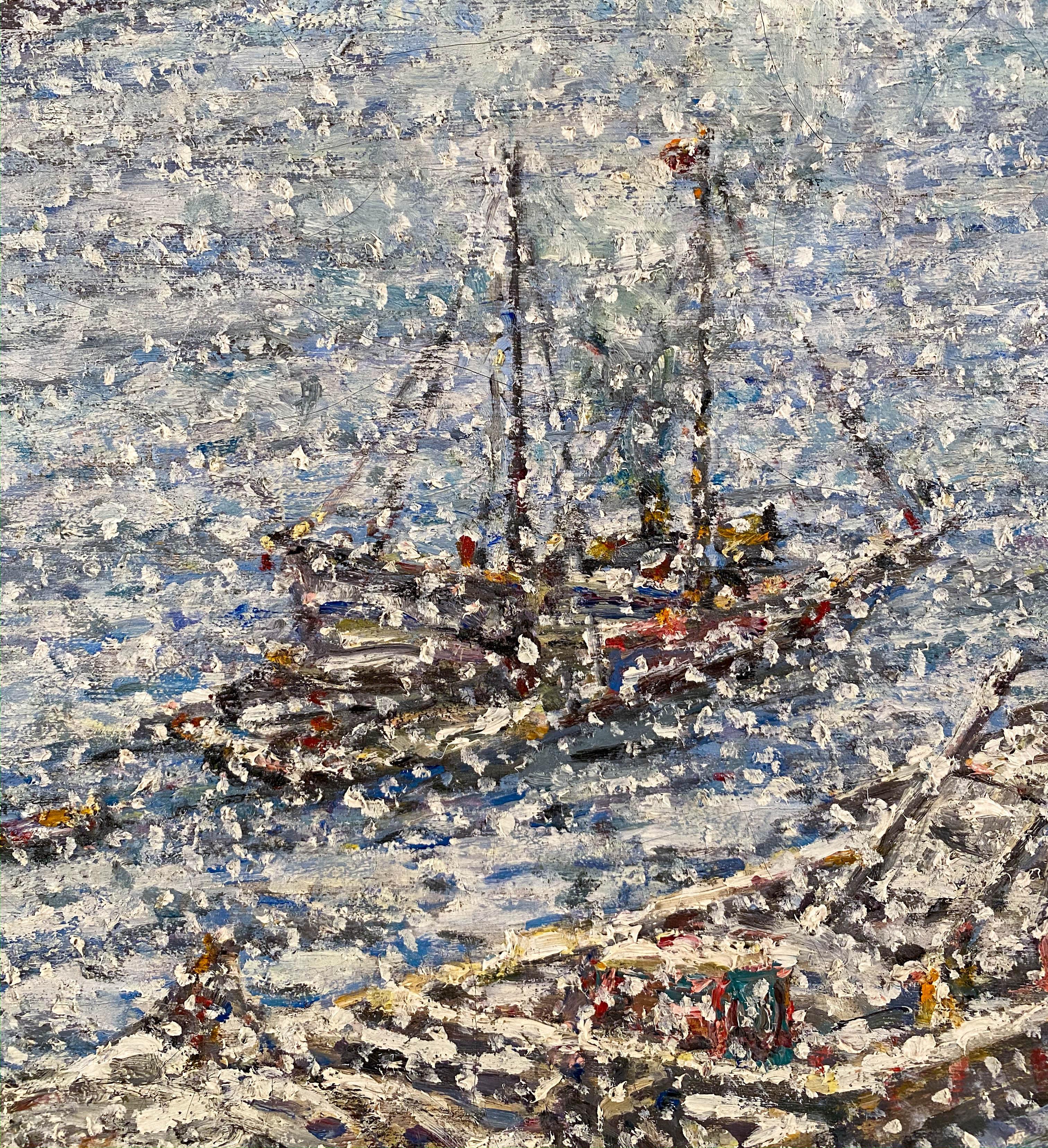 East River, New York Winter (From Brooklyn Bridge) - Post-Impressionist Painting by Frank Usher De Voll