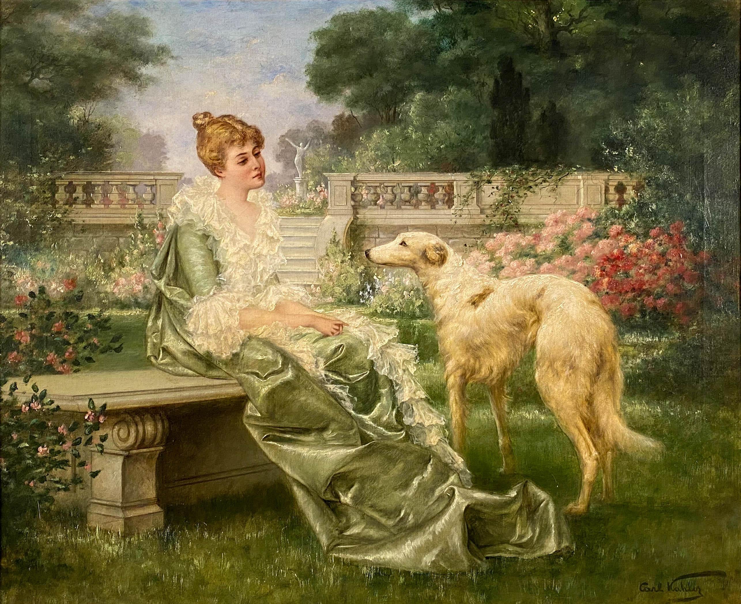 Lady with a Borzoi (Russian Wolfhound) - Painting by Carl Kahler