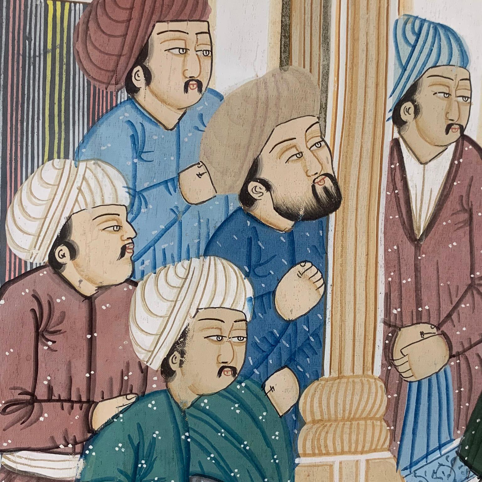 John Wissemann (American, 20th century) Persian Illumination. Colored pencil drawing on linen depicting turbaned gentleman paying tribute to a seated royal. The work is unsigned, 40 x 29 inches, framed: 46 1/2 x 34 x 1 inch. 

Note: Wissemann is a