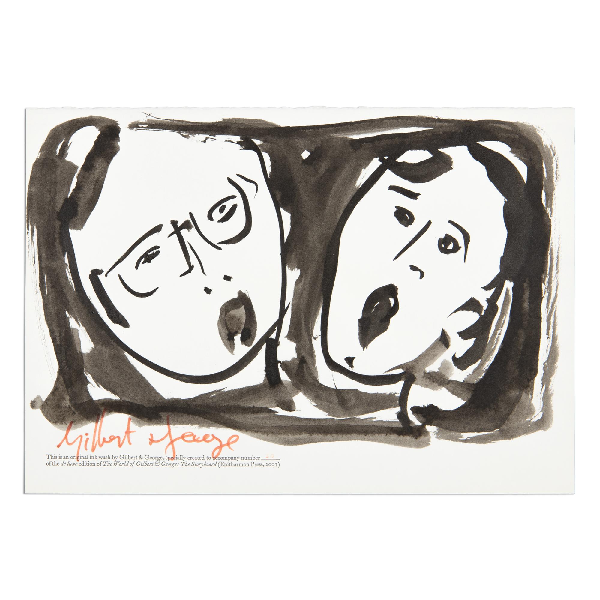 Gilbert & George (britisch, geb. 1942 und 1943)
Die Welt von Gilbert & George: Das Storyboard, 2001
Medium: Tuschezeichnung auf Papier (und Künstlerbuch)
Abmessungen: 20,3 x 29,2 cm (8 x 11½ Zoll)
Luxusausgabe von 150 Stück: Einzigartige