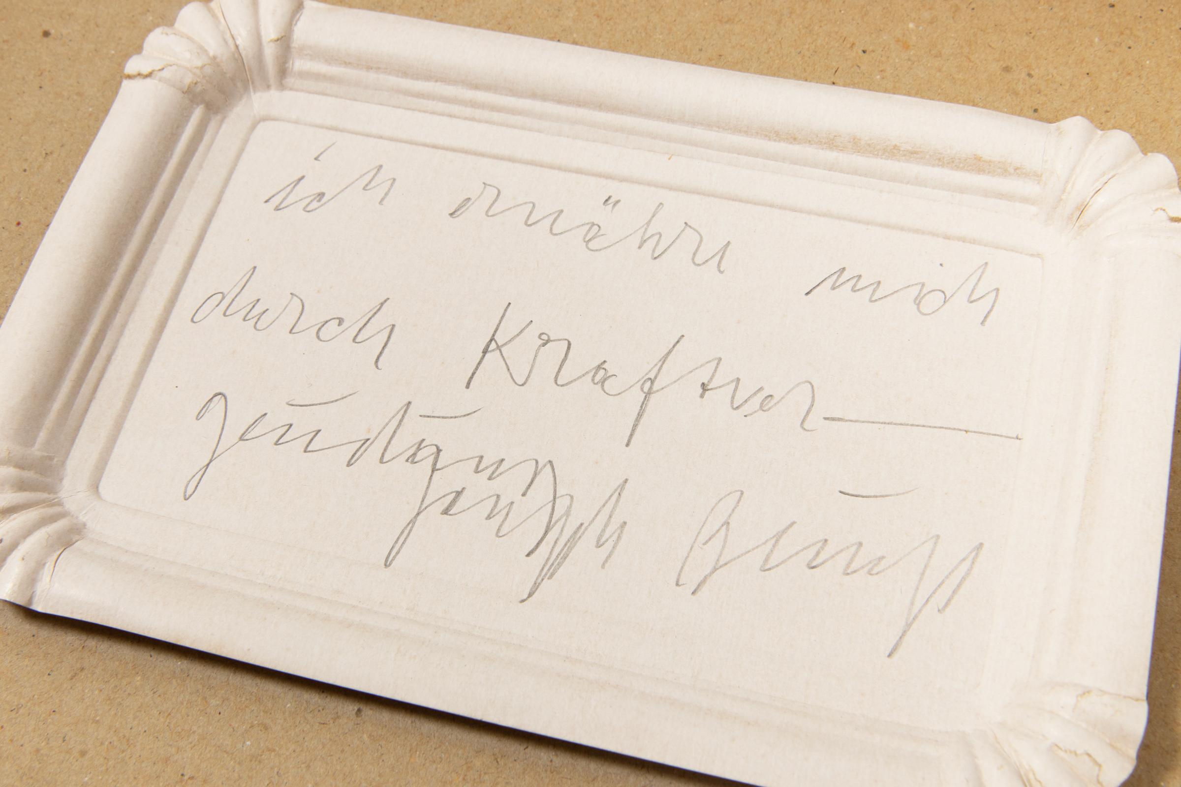 Joseph Beuys, Ich ernähre mich durch Kraftvergeudung - Bleistift auf Pappteller im Angebot 3