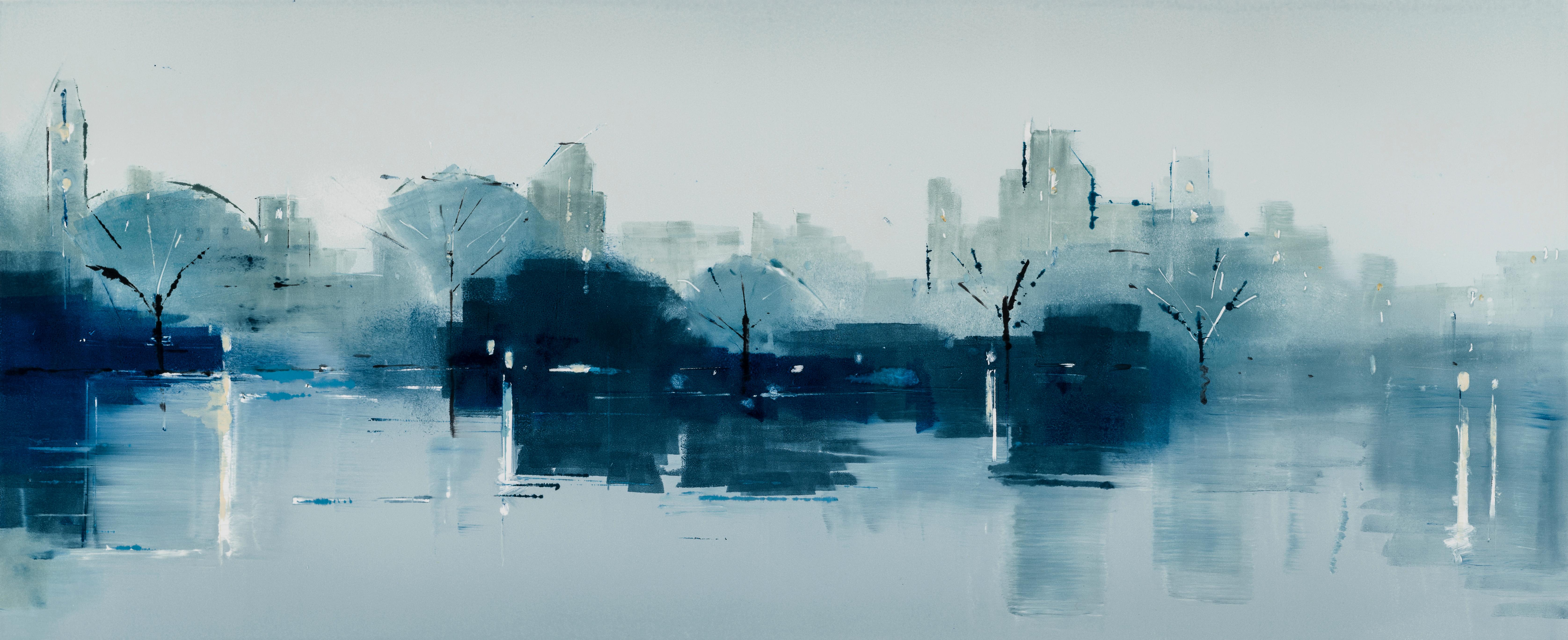 Lisa Breslow
Central Park Blues 1, 2018
monotypie
18 x 44 Zoll.
papierformat: 24 x 50 Zoll.

Diese Original-Monotypie von Lisa Breslow zeigt eine verträumte Stadt-/Wasserlandschaft in subtilen, malerischen Blautönen.

"Sowohl die natürliche Welt als