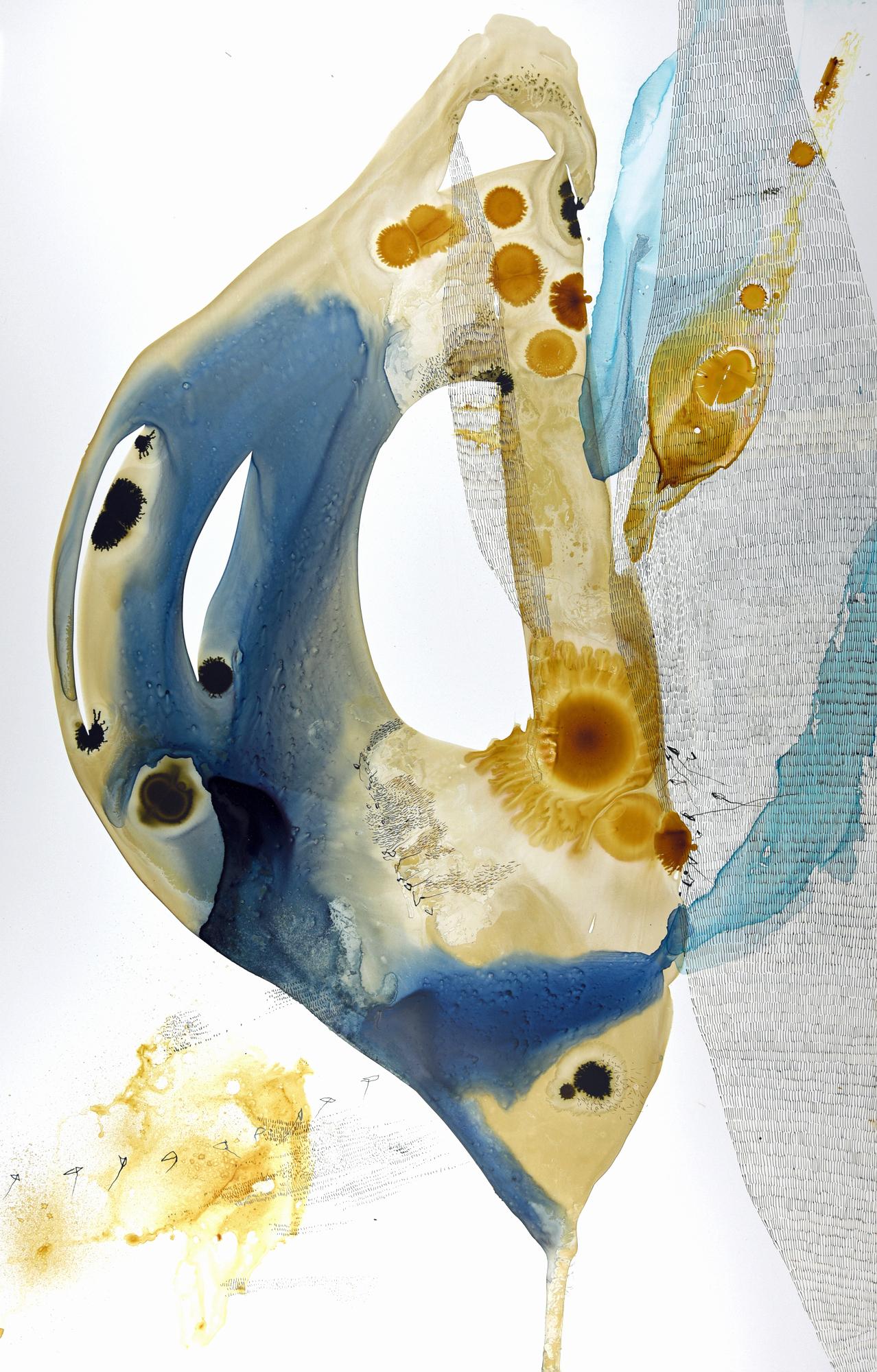 Ana Zanic
Ursprung Wässrig (W-2022-3-1), 2022
Aquarell auf Yupo-Papier
40 x 26 Zoll.
(zan251)

Dieses zeitgenössische abstrakte Aquarell zeigt große, gestische Pinselstriche in blauer, blaugrüner, grauer und brauner Farbe in aquatischen, organischen
