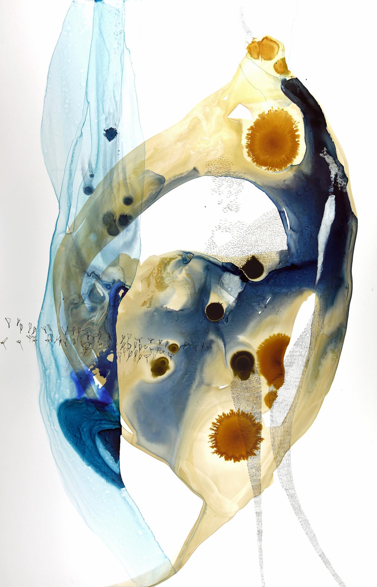 Ana Zanic
Ursprung Wässrig (W-2022-3-2), 2022
Aquarell auf Yupo-Papier
40 x 26 Zoll.
(zan252)

Dieses zeitgenössische abstrakte Aquarell zeigt große, gestische Striche aus blauer, blaugrüner und brauner Farbe in aquatischen, organischen