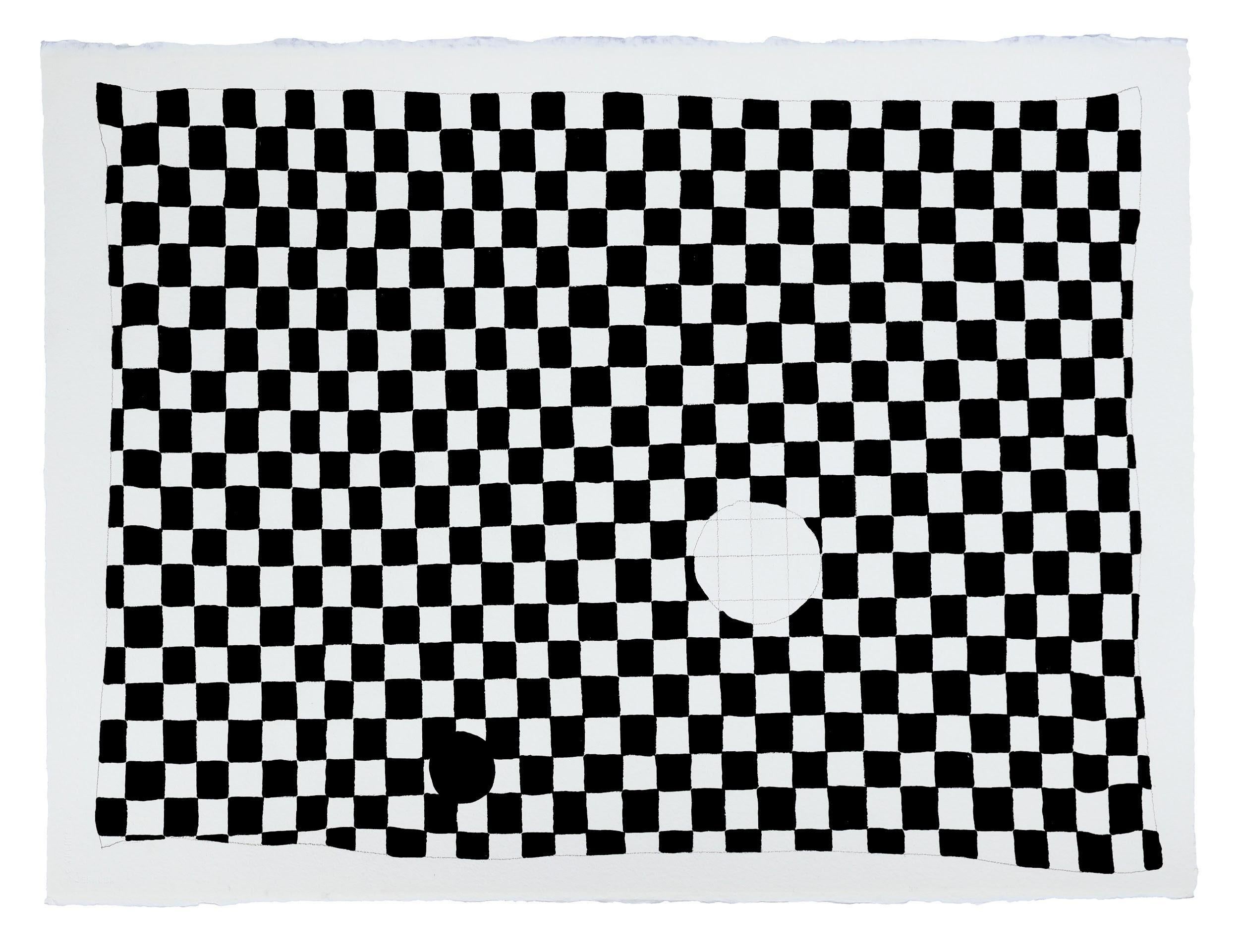 Dieses zeitgenössische abstrakte Acrylgemälde auf Papier zeigt verschlungene Formationen in Schwarz und Weiß. D'Arcys Gedankengänge sind impulsiv und zufällig, die Zeichen sind intensiv und meditativ und die Formen und Farben, denen sie Gestalt