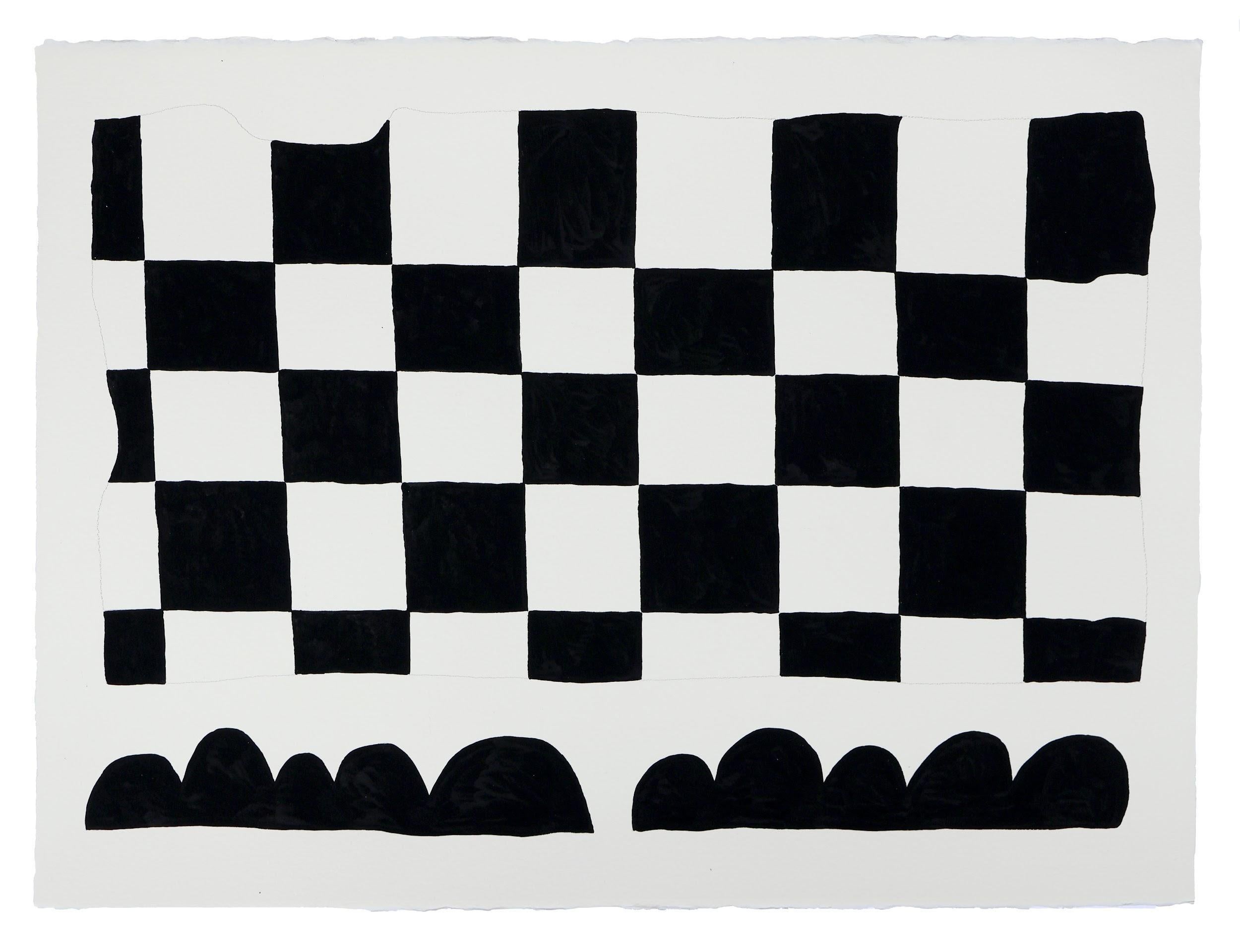 Questo dipinto astratto contemporaneo in acrilico su carta presenta intricate formazioni di segni in bianco e nero. Il pensiero di D'Arcy è impulsivo e casuale, i segni sono intensi e meditativi e le forme e i colori a cui danno forma sono arbitrari