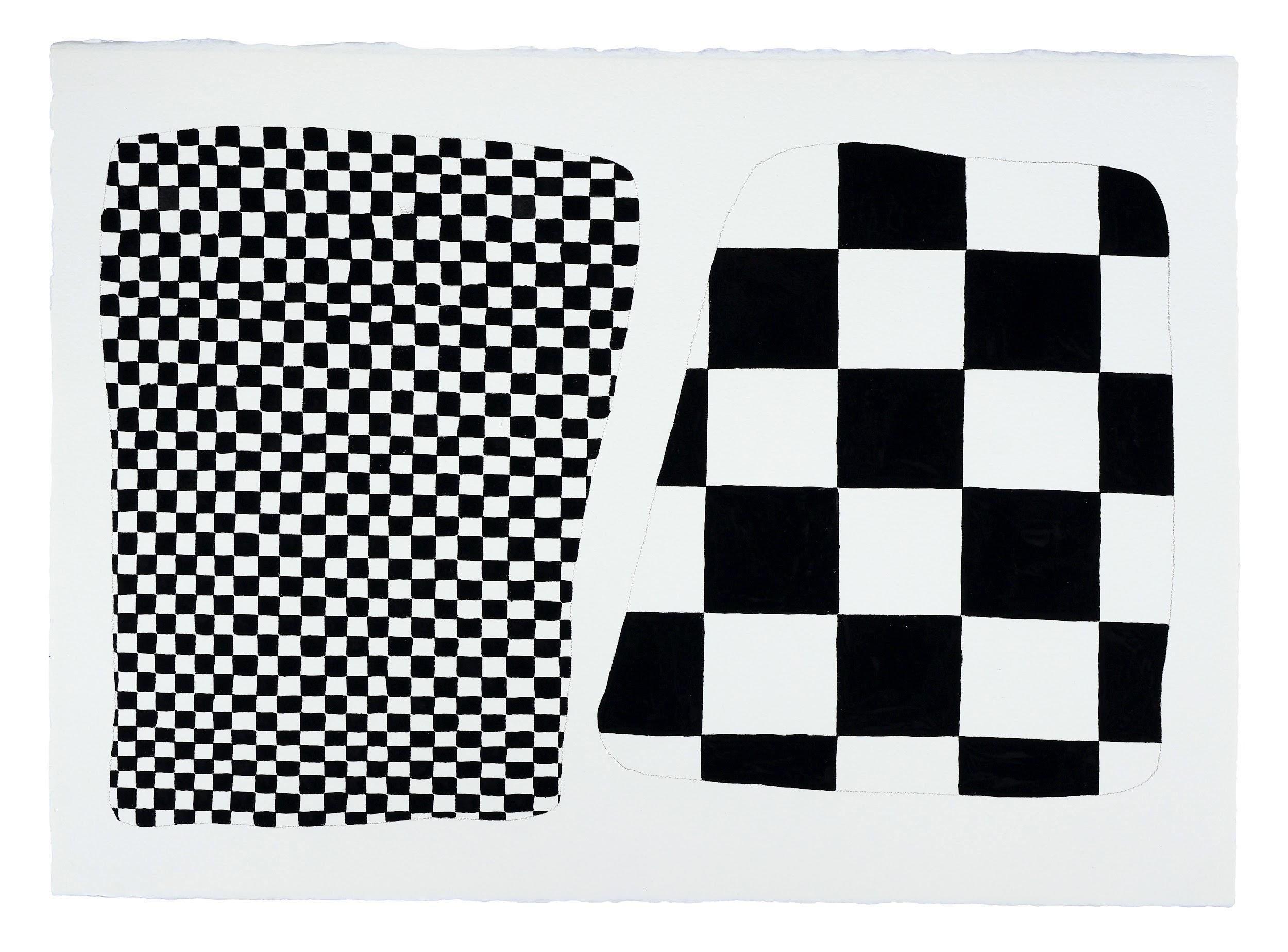 Dieses zeitgenössische abstrakte Acrylgemälde auf Papier zeigt verschlungene Formationen in Schwarz und Weiß. D'Arcys Gedankengänge sind impulsiv und zufällig, die Zeichen sind intensiv und meditativ und die Formen und Farben, denen sie Gestalt