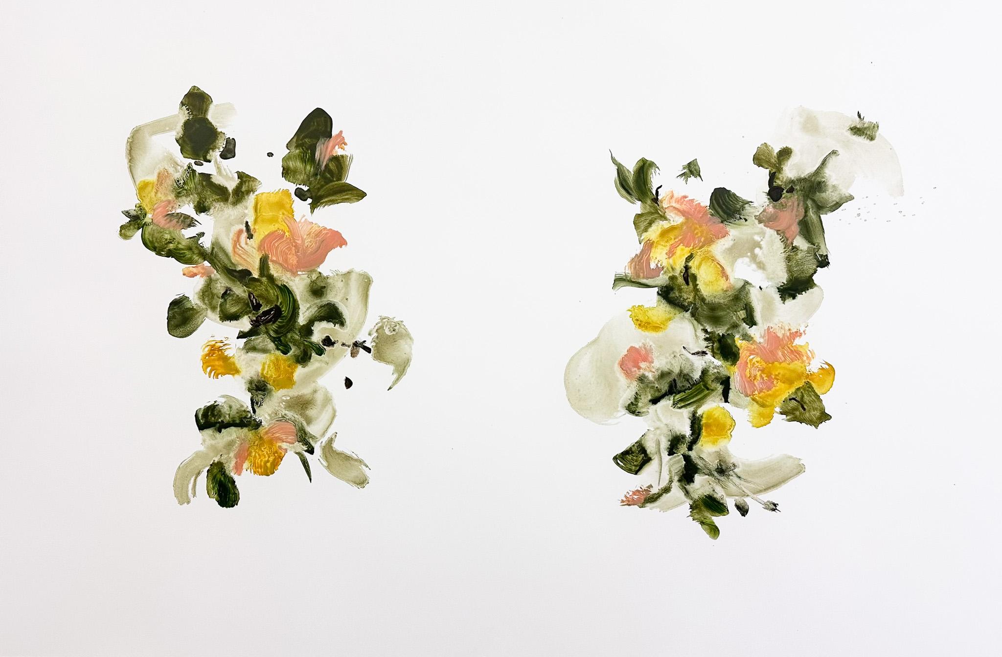 Still-Life di Tess Michalik - "Altare delle farfalle" 2025 Olio su yupo 38 x 25 pollici.