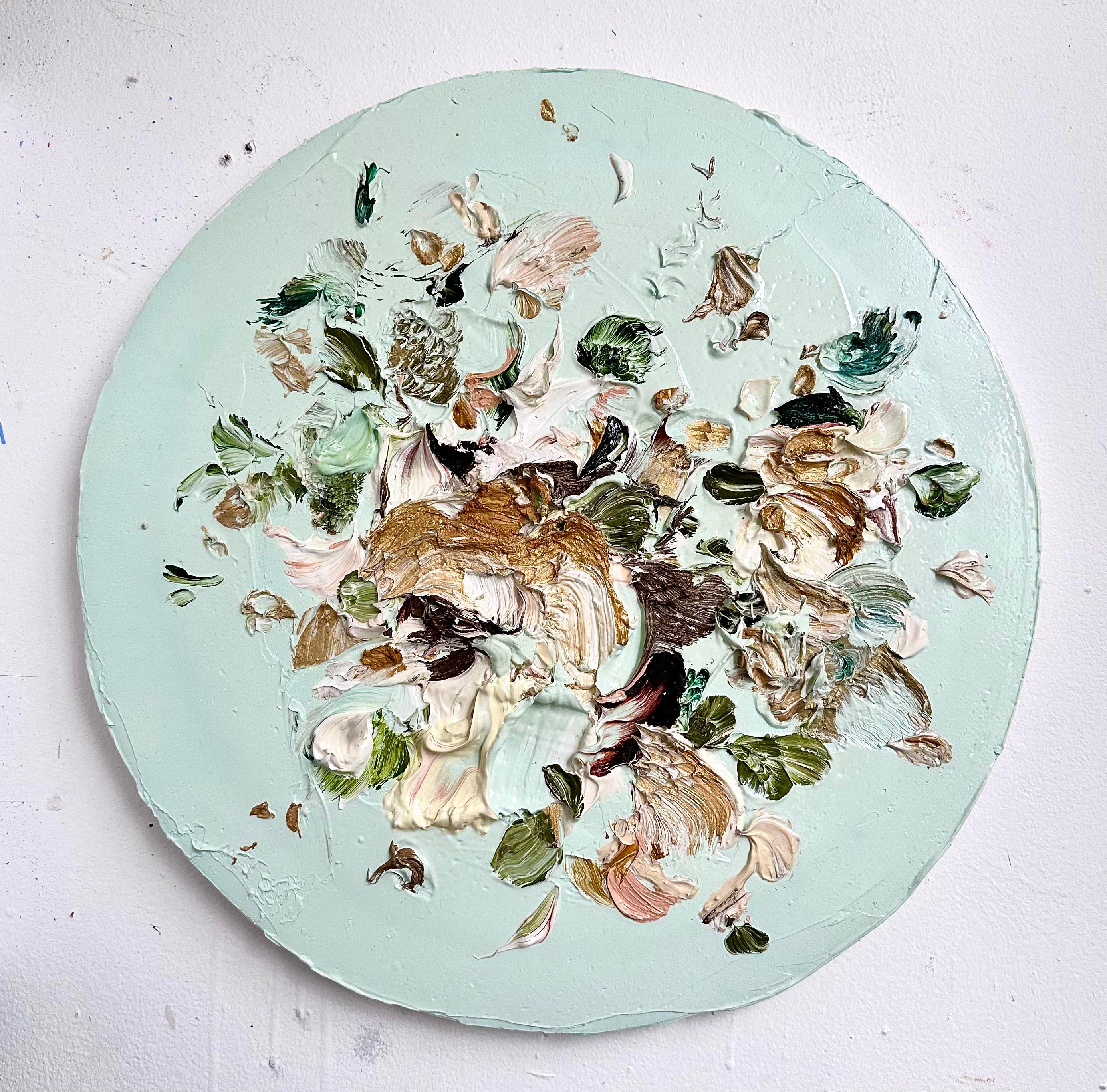 Still-Life de Tess Michalik - "Seafoam Honey" 2022 óleo sobre lienzo 20 pulg. tondo