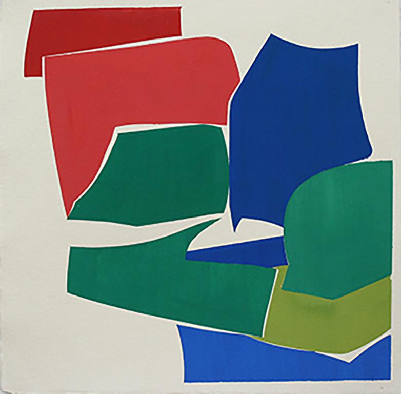 Joanne Freeman
Summer Multi 2, 2018
gouache on Khadi handmade paper
18 x 18 in.
(freem120)

This abstract gouache painting on handmade Khadi paper features bold blue, red, and green geometric shapes on a white background with mid-century flair.

"My