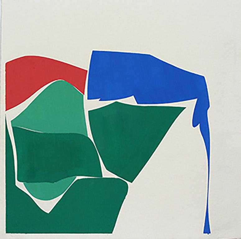 
Joanne Freeman
Summer Multi 1, 2018
gouache on Khadi handmade paper
18 x 18 in.
(freem119)

This abstract gouache painting on handmade Khadi paper features bold blue, red, and green geometric shapes on a white background with mid-century