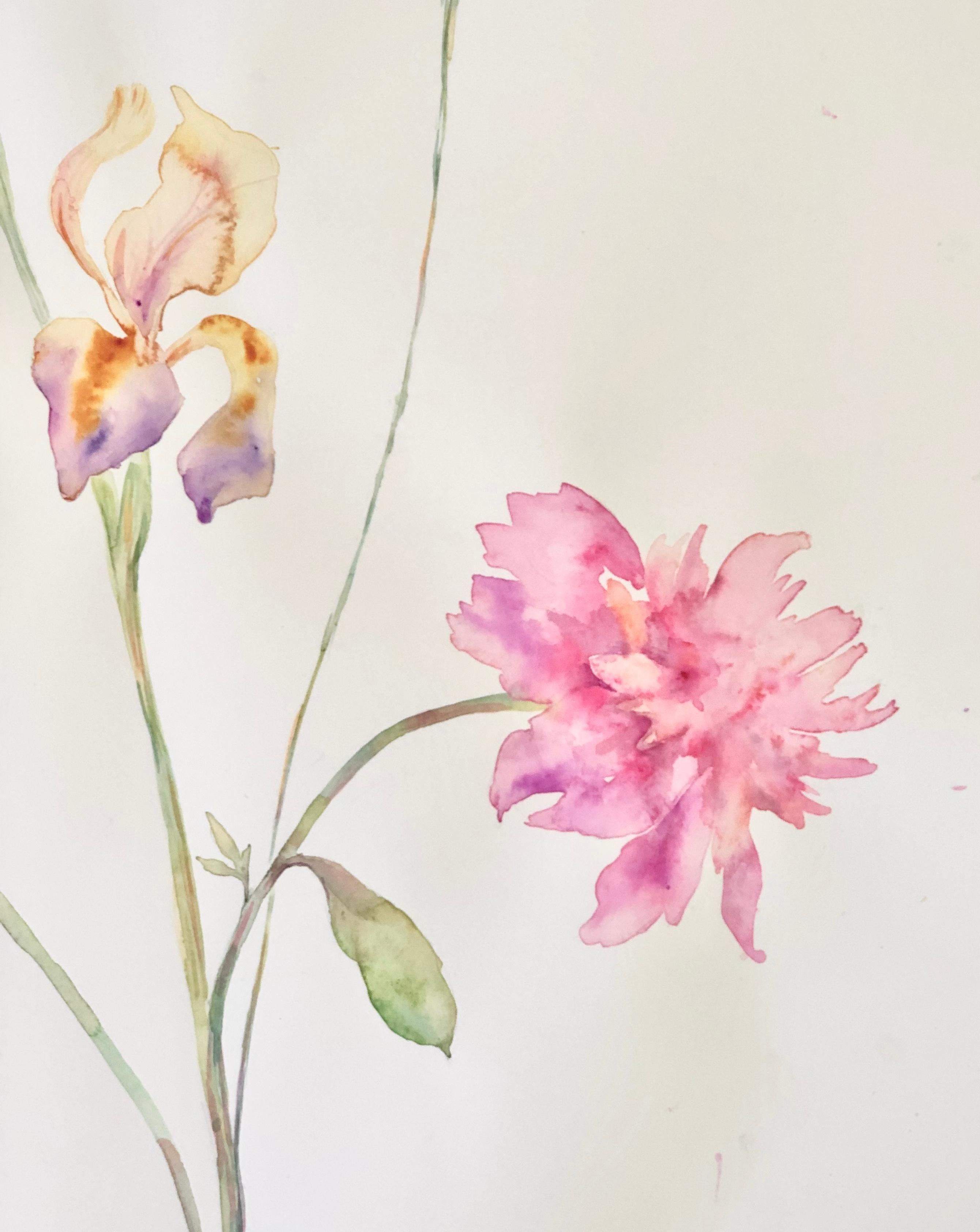 Marilla Palmer
Soft Iris and Peony, 2020
watercolor, silk, sequins on Arches paper
30 x 22 in.
(pal191)

This original artwork by Marilla Palmer is a twist on the traditional Victorian botanical drawing, delicately painted with watercolor and
