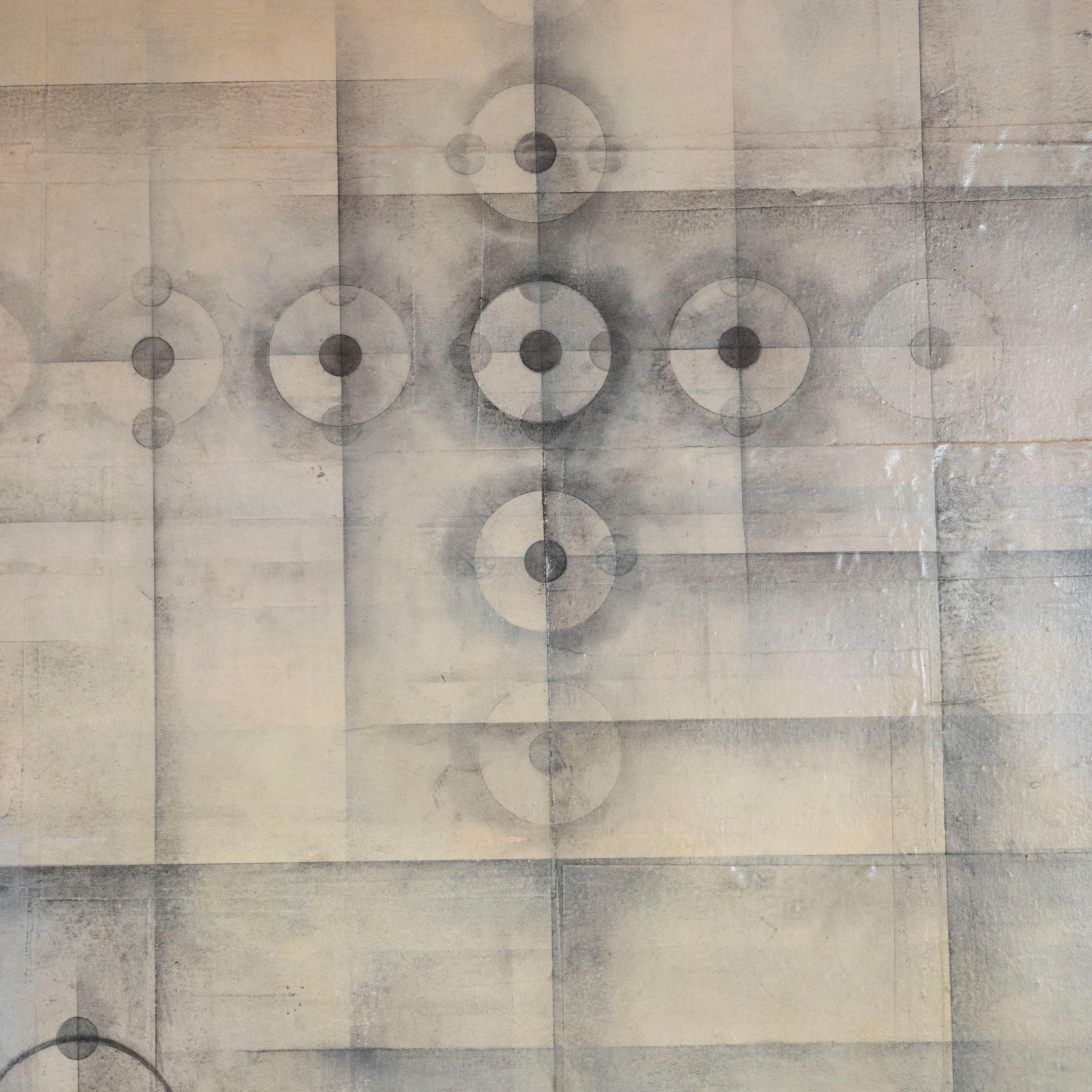 This sophisticated mixed media work was realized by the renowned contemporary Boston based artist Alex Coster Scott in 1997. It features elements of paper laid on canvas painted lending the work a subtle sculptural sensibility. The collaged elements