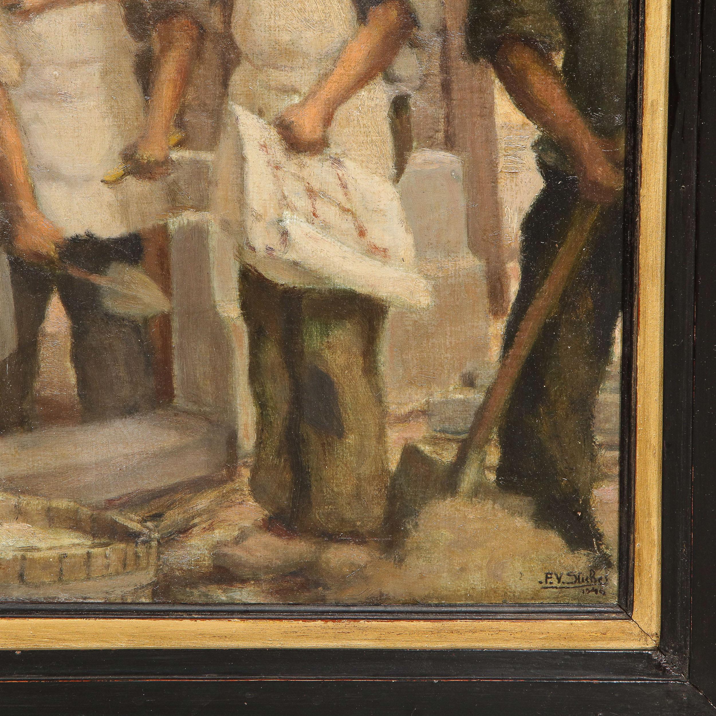 Les Masons - Realist Painting by F.V. Sliches