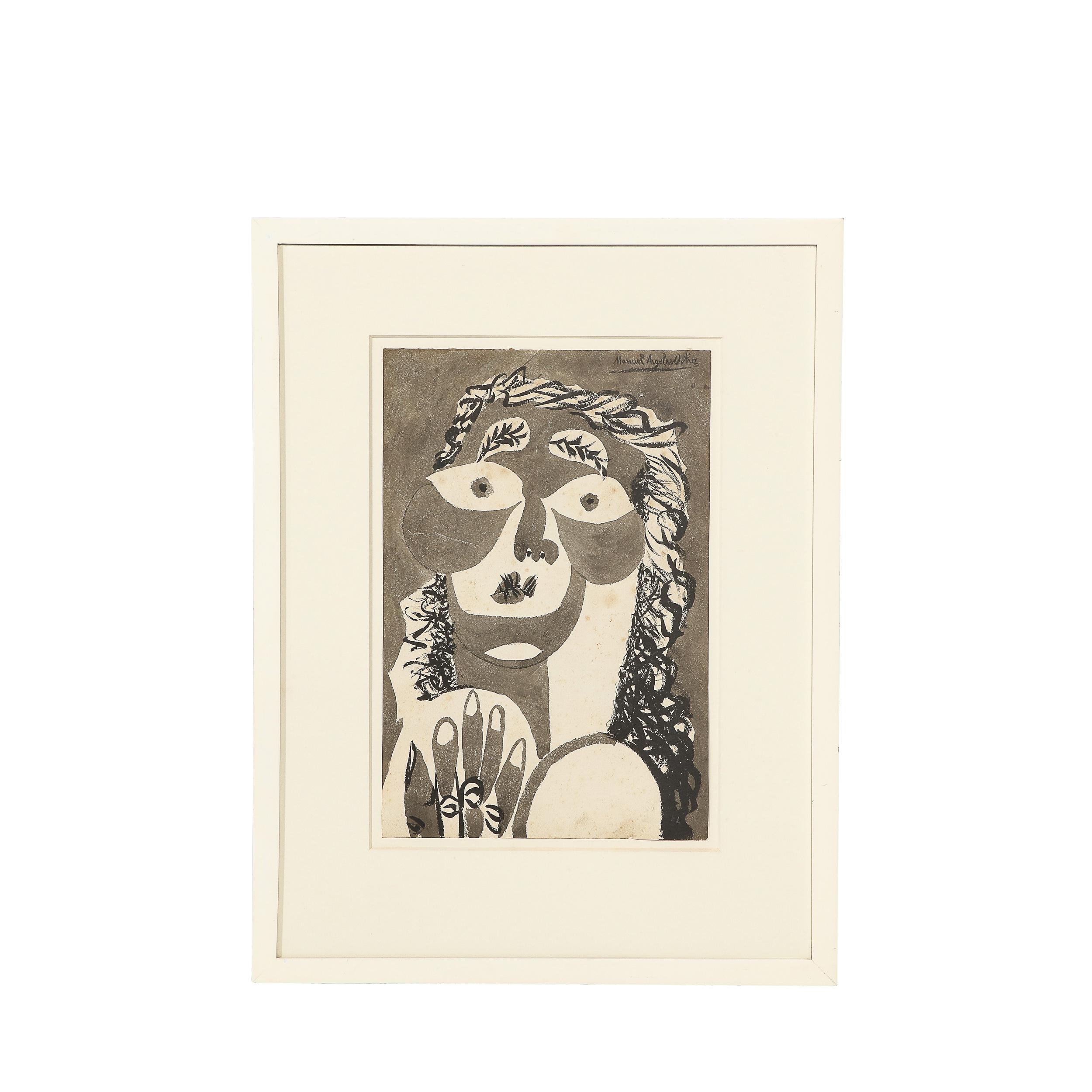 Modernistisches Porträt ohne Titel, Frau in Tinte auf Archivpapier – Manuel Angele Ortiz