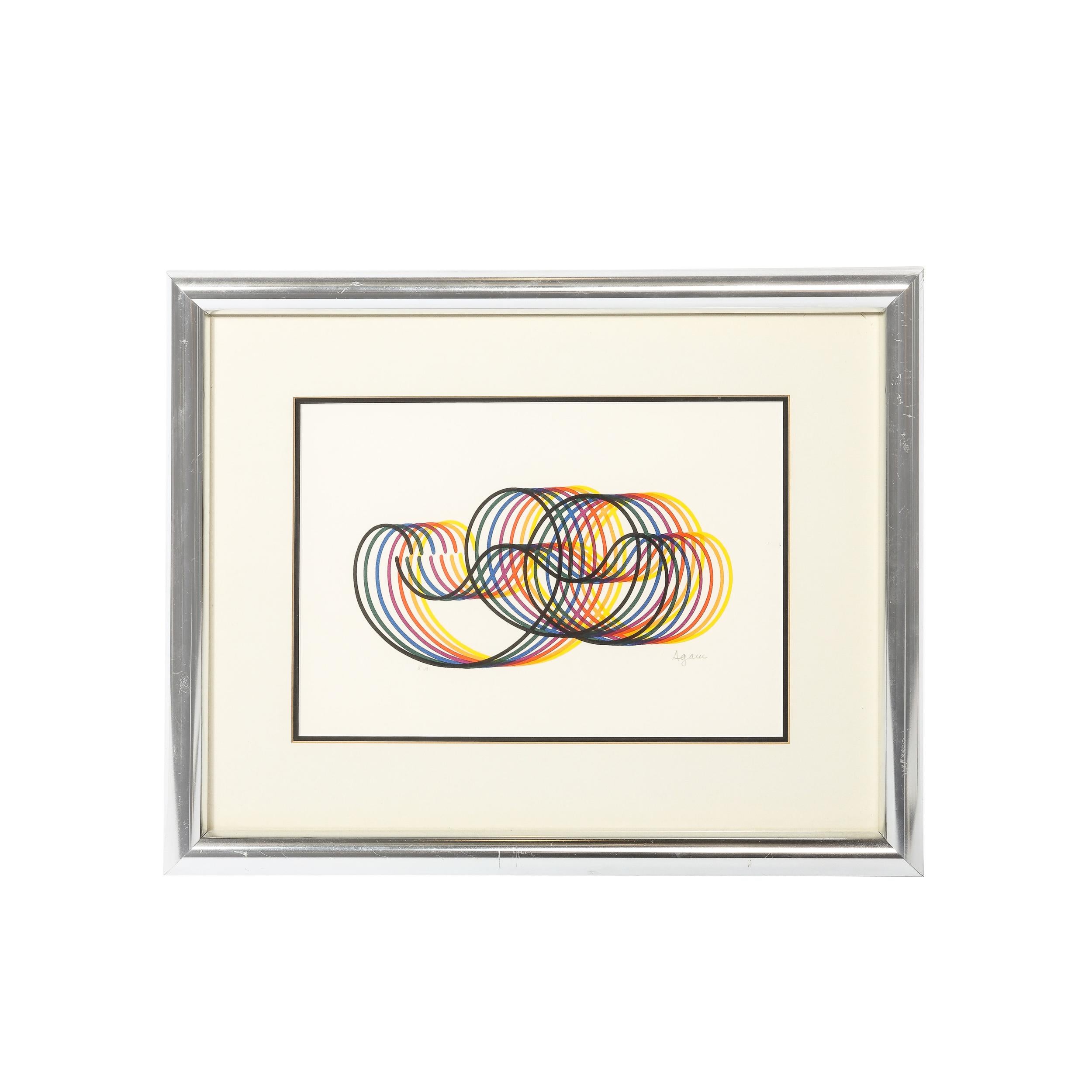 Unknown Abstract Drawing - Modernist Abstract Lithograph w/ Multicolor Looping Line Work signed Yaakov Agam