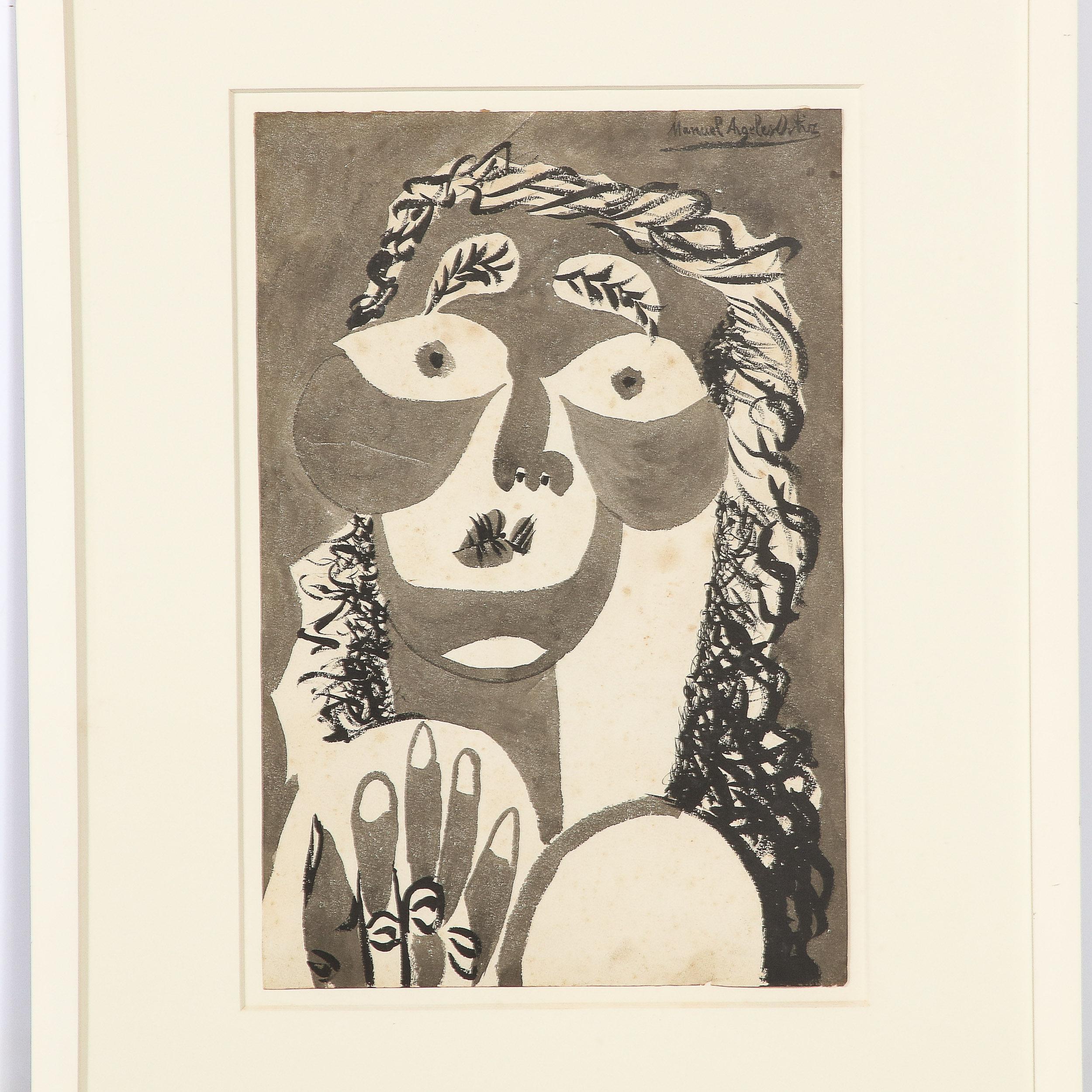 This sophisticated modernist portrait was realized by the esteemed artist Manuel Angele Ortiz in Spain, circa 1950. The work realized in a style influenced by the work of Pablo Picasso features a highly stylized and abstracted rendition of a woman's