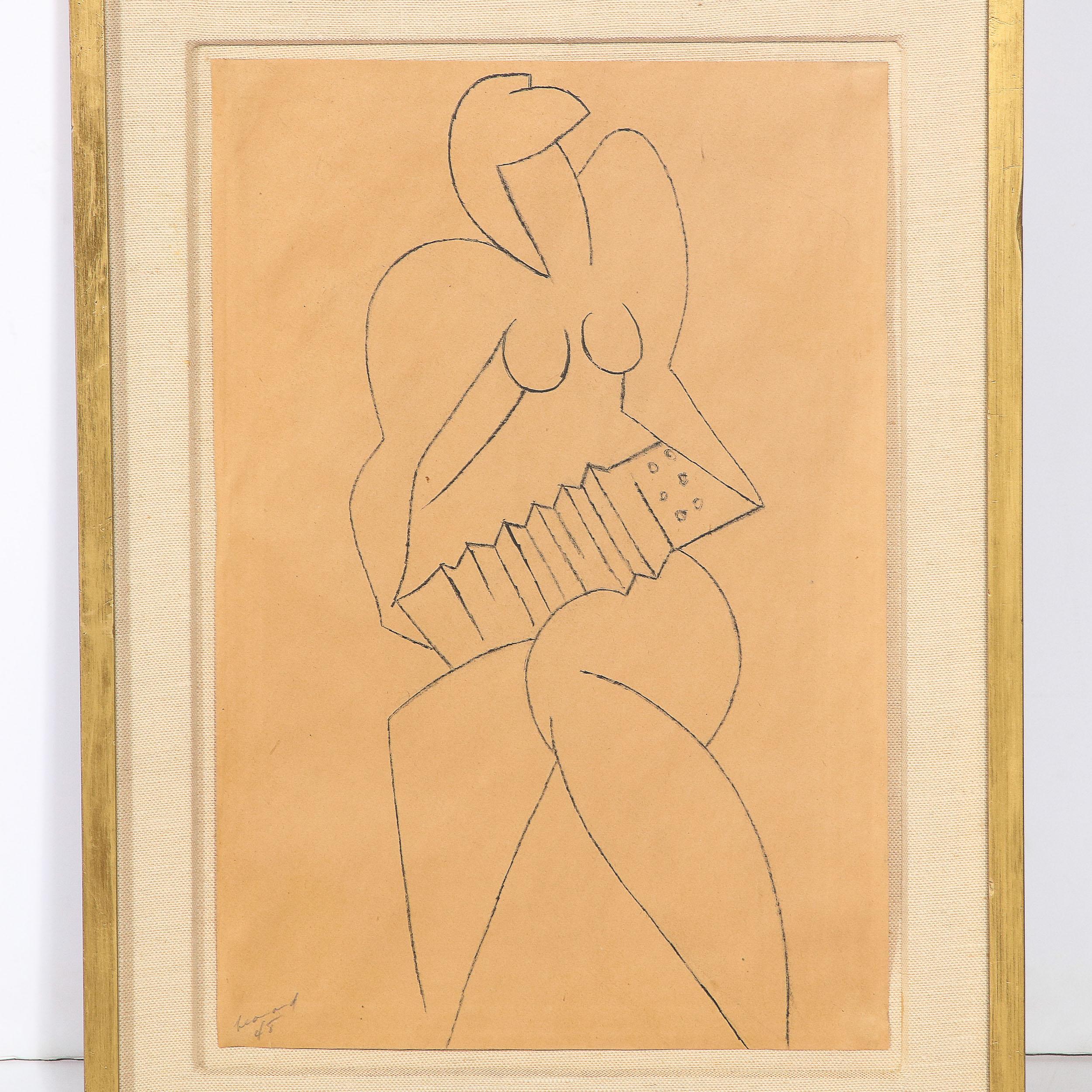 Stilisierte Holzkohle-Linien-Zeichnung eines weiblichen Akzents mit Akkordeon (Französische Schule), Art, von Unknown