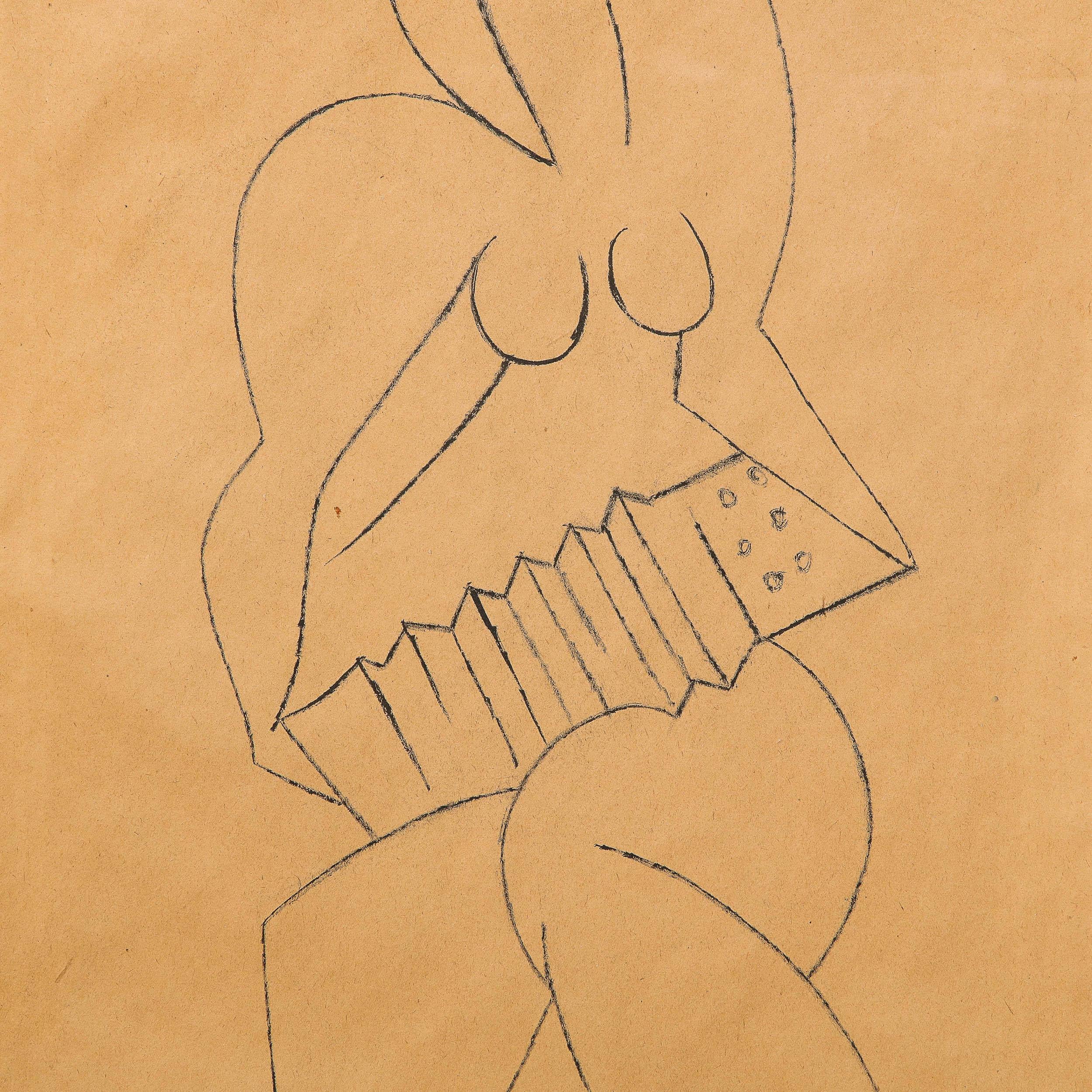 Modernist Stylized Charcoal Line Drawing of Female Nude with Accordion 1
