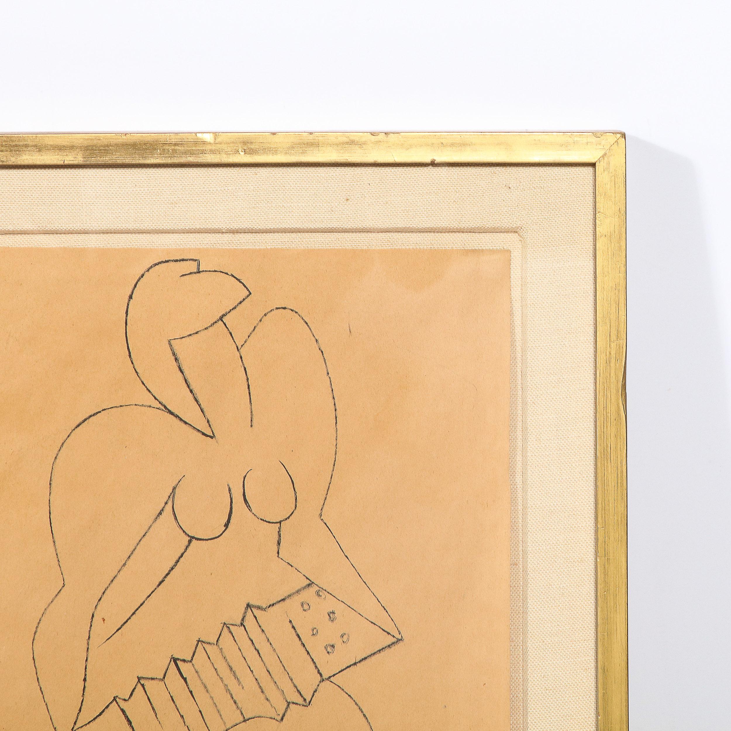 Stilisierte Holzkohle-Linien-Zeichnung eines weiblichen Akzents mit Akkordeon (Beige), Nude, von Unknown