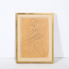 Modernist Stylized Charcoal Line Drawing of Female Nude with Accordion