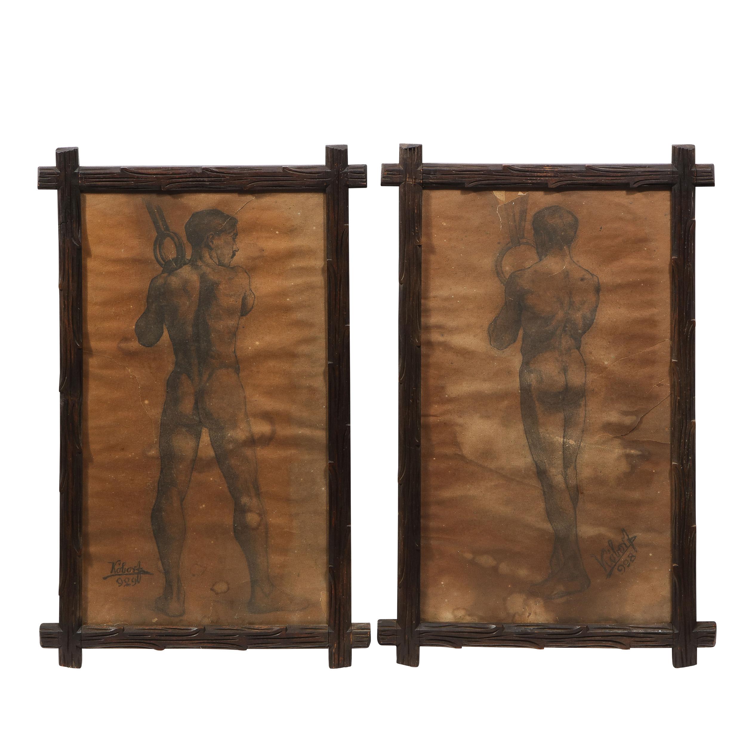 Henrik Kobor Figurative Art - Untitled Nude Male Diptych, Charcoal/ Graphite on Parchment by Henrik Kóbor 