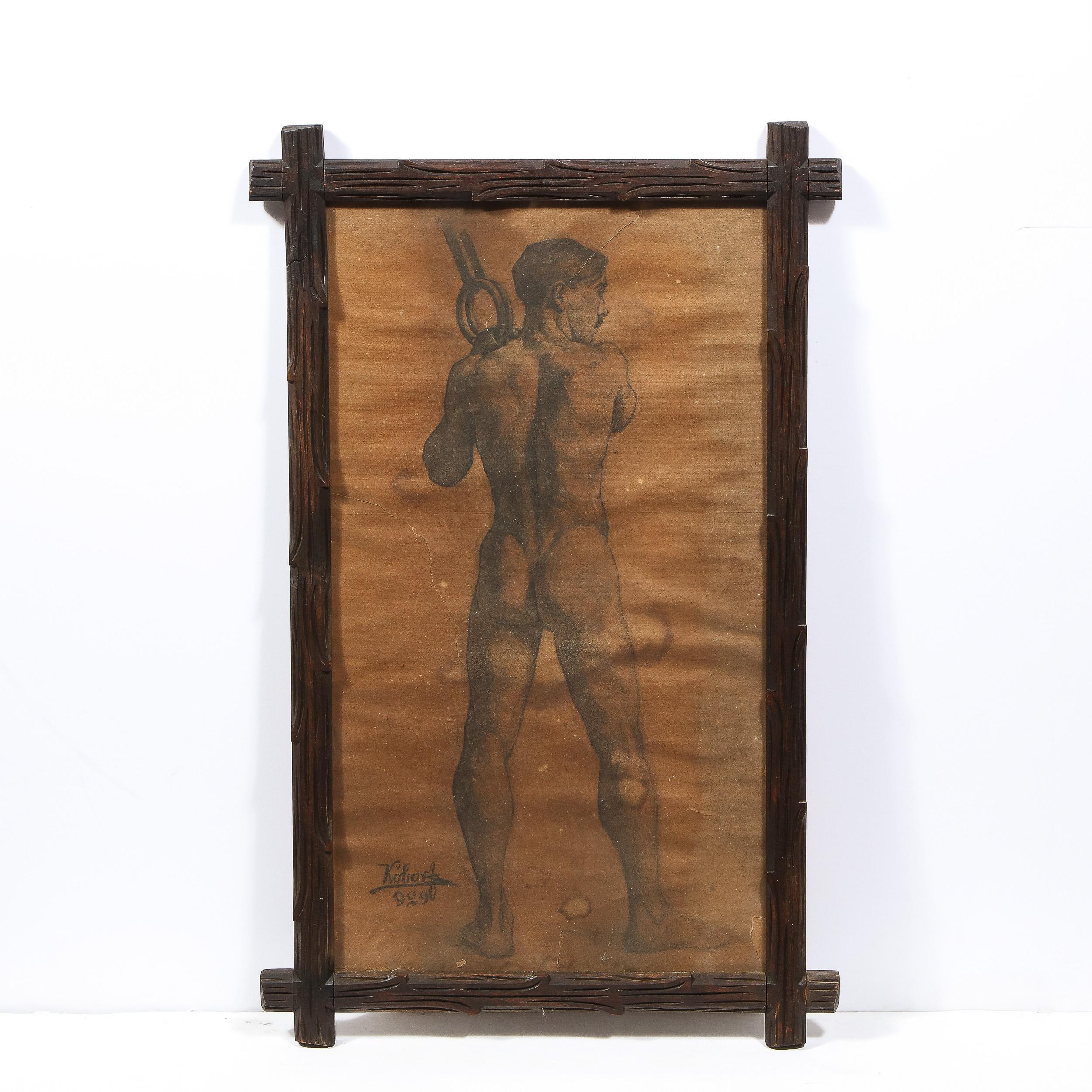 Diptyque masculin nu sans titre, fusain/graphite sur parchemin de Henrik Kóbor  - Art de Henrik Kobor